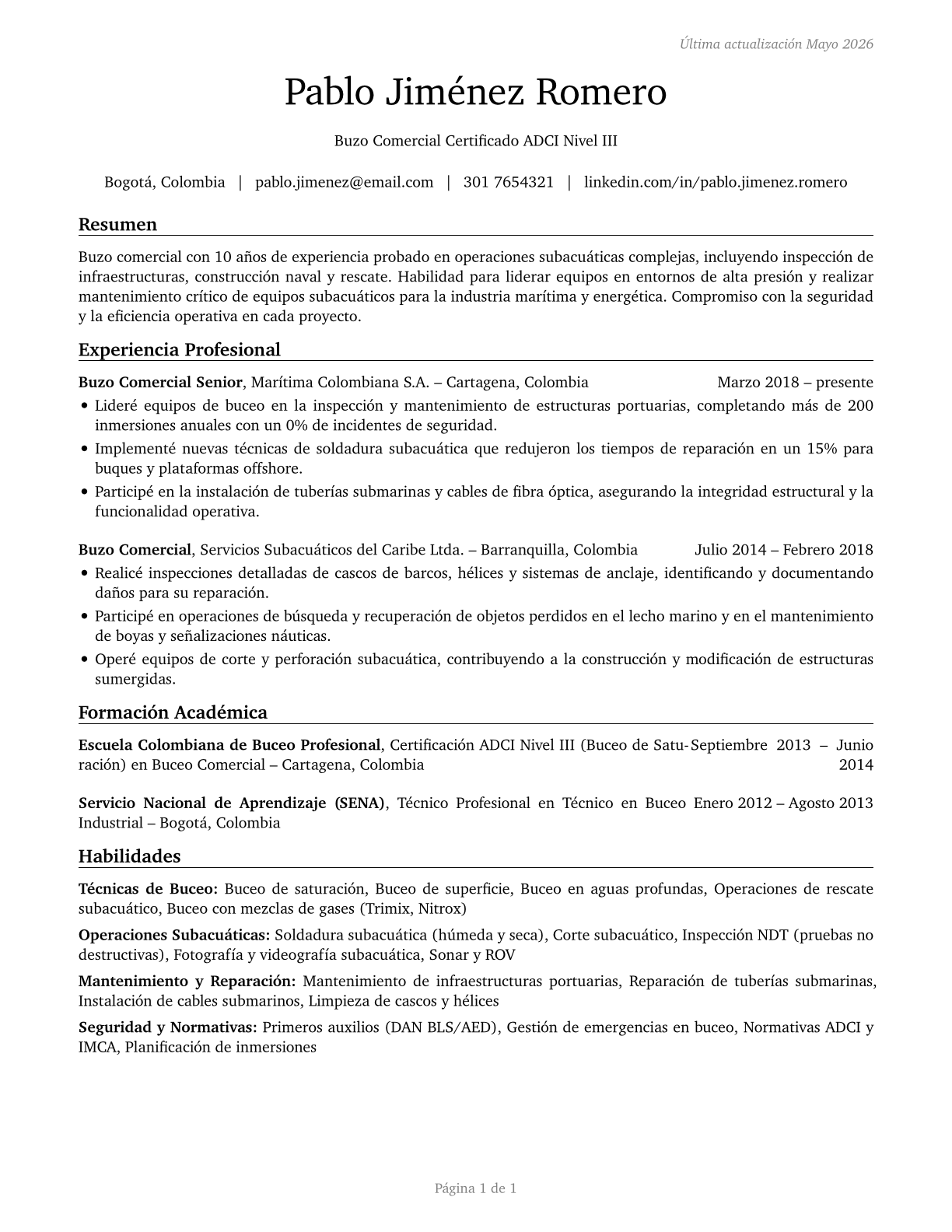 Commercial Divers CV in Spanish — page 1