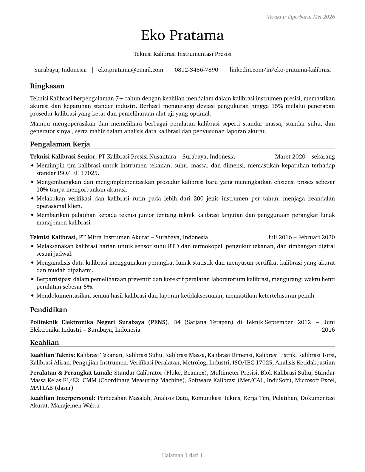 Calibration Technologists and Technicians CV in Indonesian — page 1