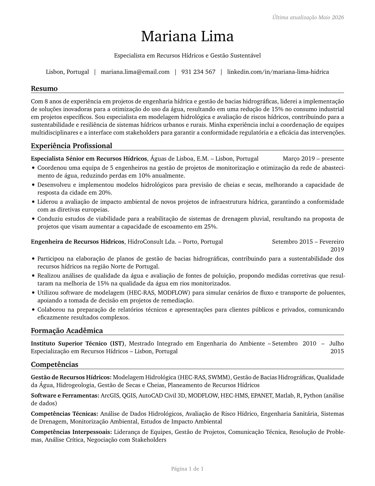 Water Resource Specialists CV in Portuguese — page 1