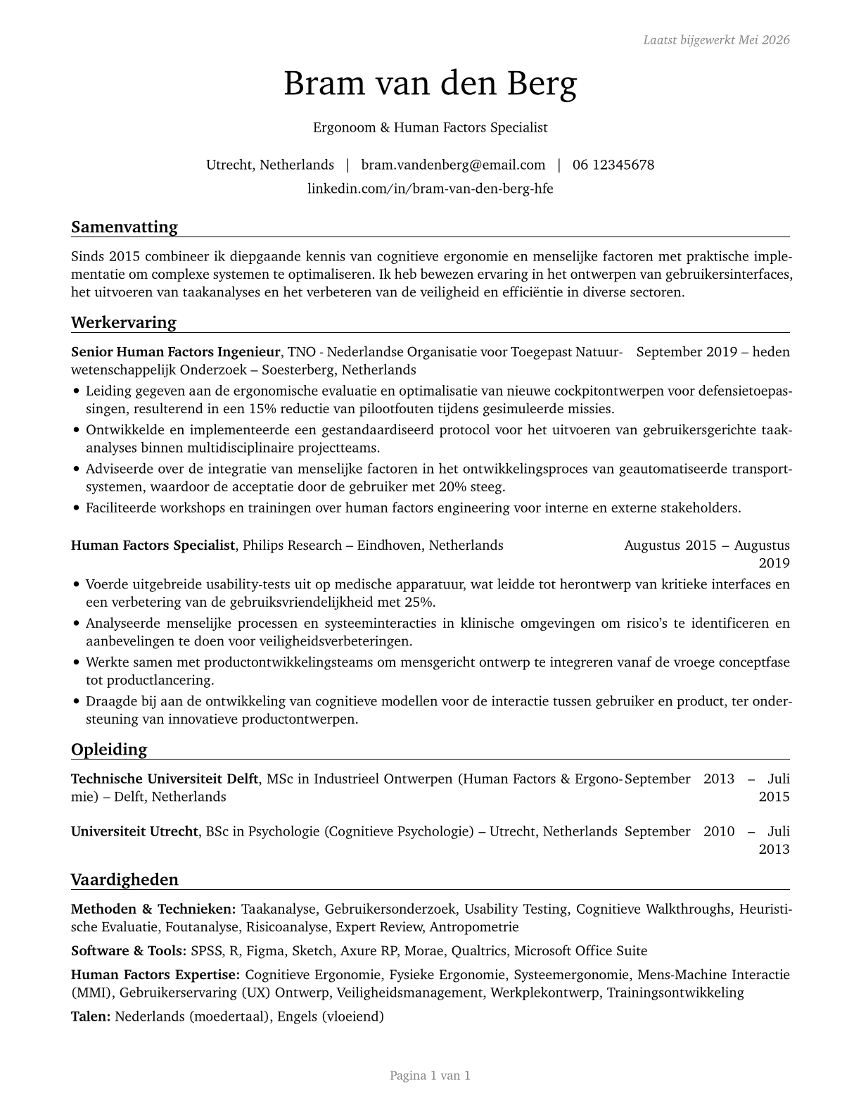 Human Factors Engineers and Ergonomists CV in Dutch — page 1