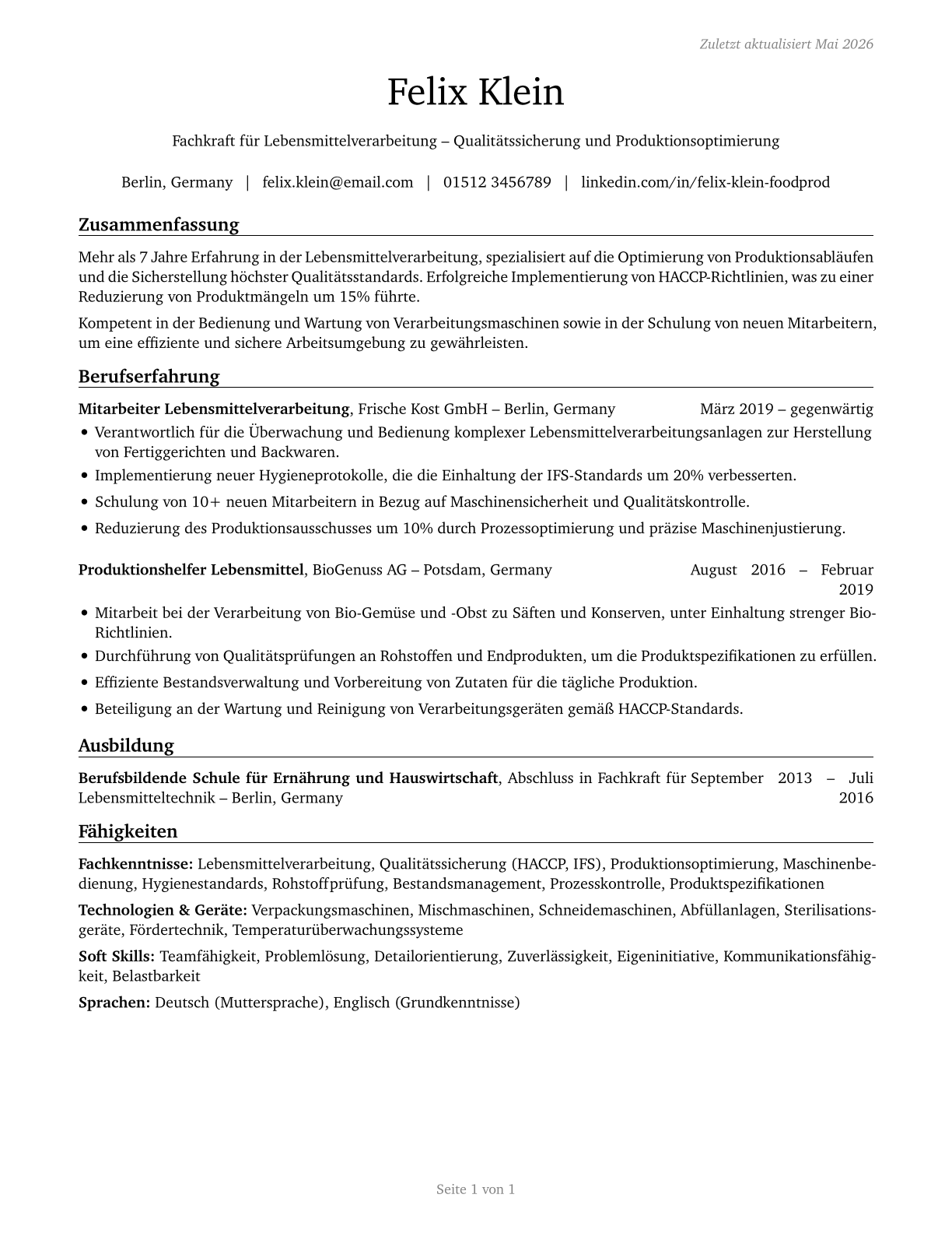 Food Processing Workers, All Other CV in German — page 1