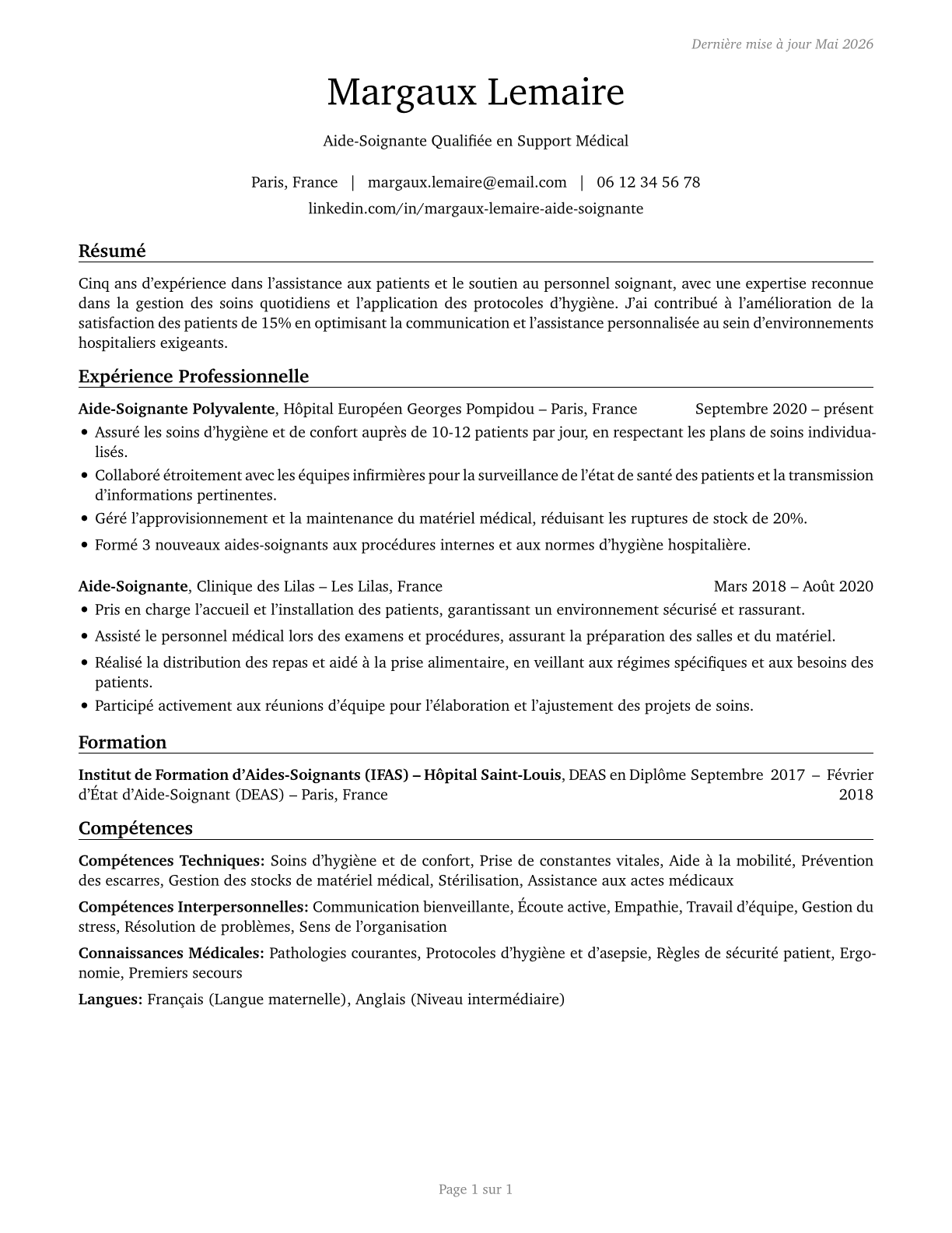Healthcare Support Workers, All Other CV in French — page 1