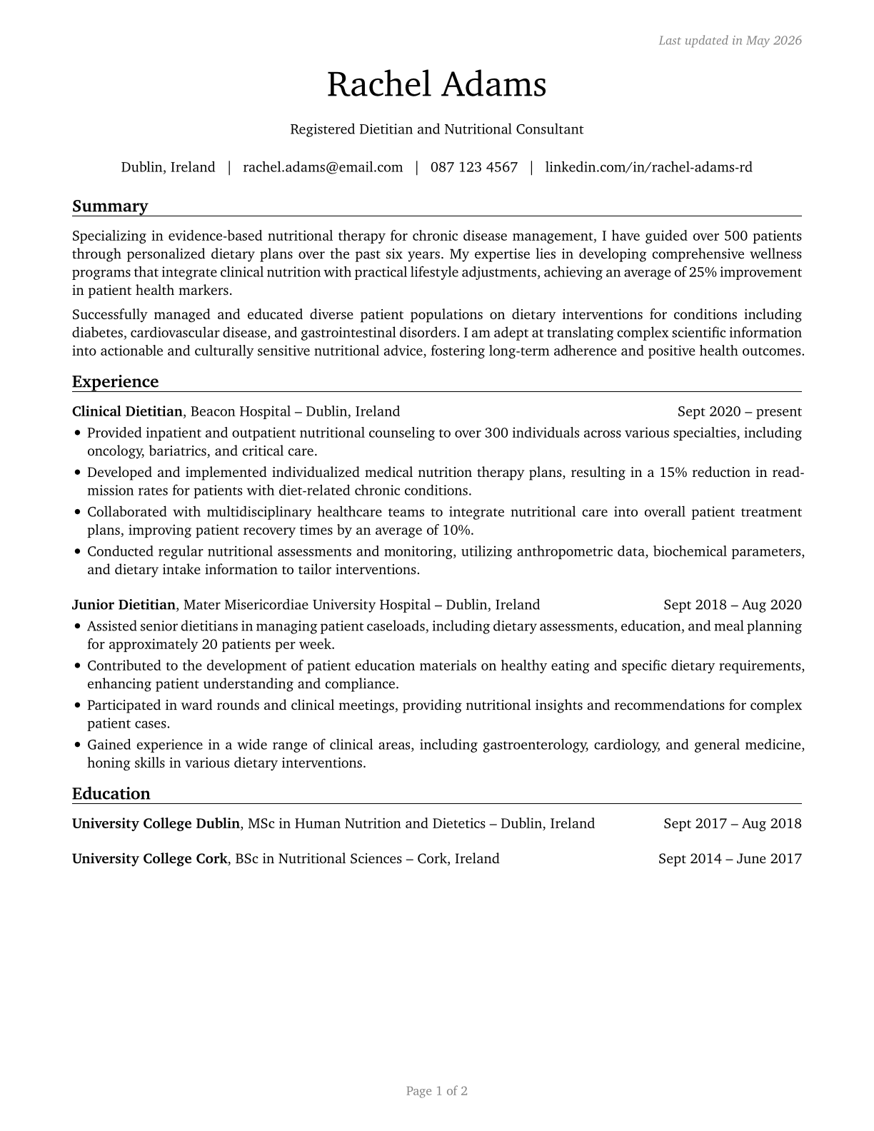 Dietitians and Nutritionists CV in English — page 1