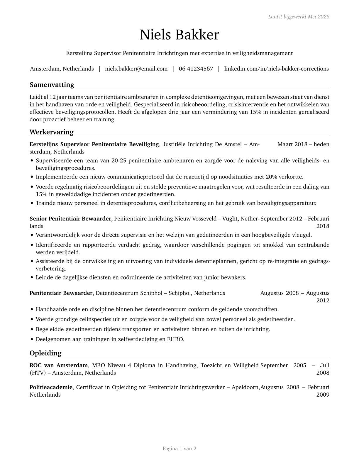 First-Line Supervisors of Correctional Officers CV in Dutch — page 1