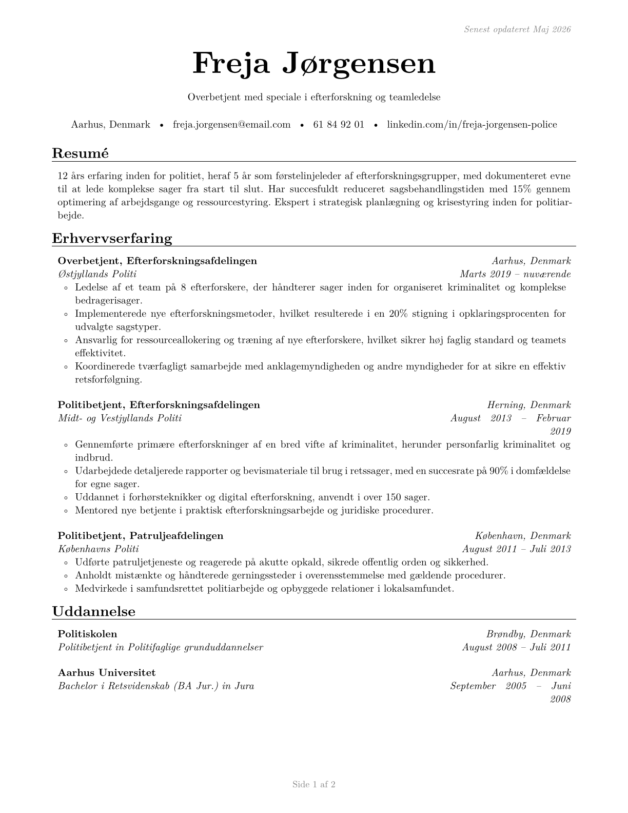 First-Line Supervisors of Police and Detectives CV in Danish — page 1