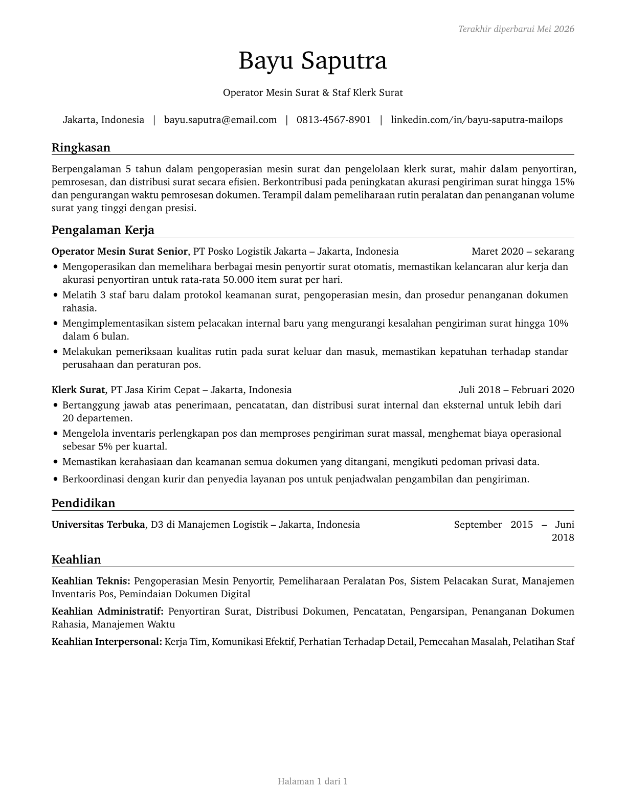 Mail Clerks and Mail Machine Operators, Except Postal Service CV in Indonesian — page 1