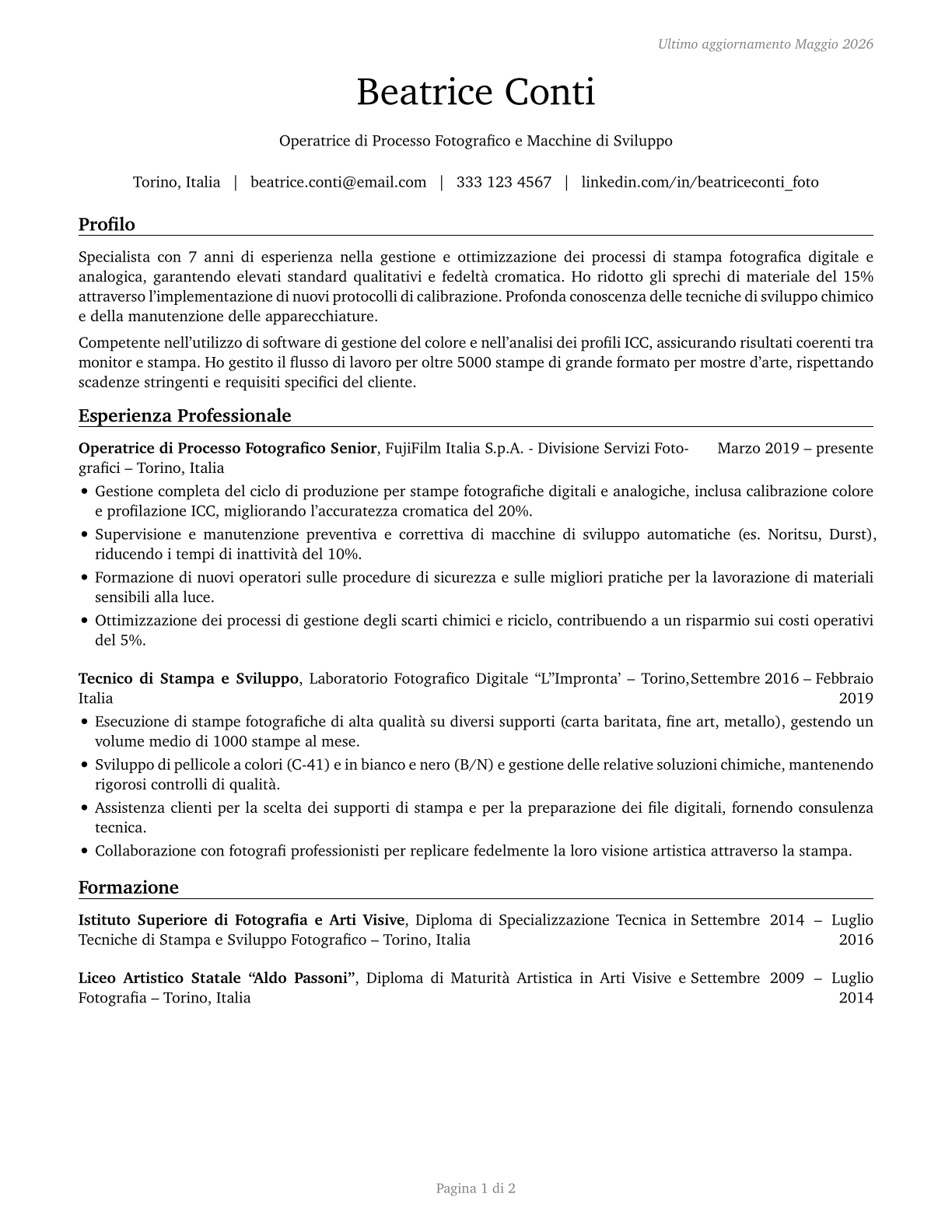 Photographic Process Workers and Processing Machine Operators CV in Italian — page 1