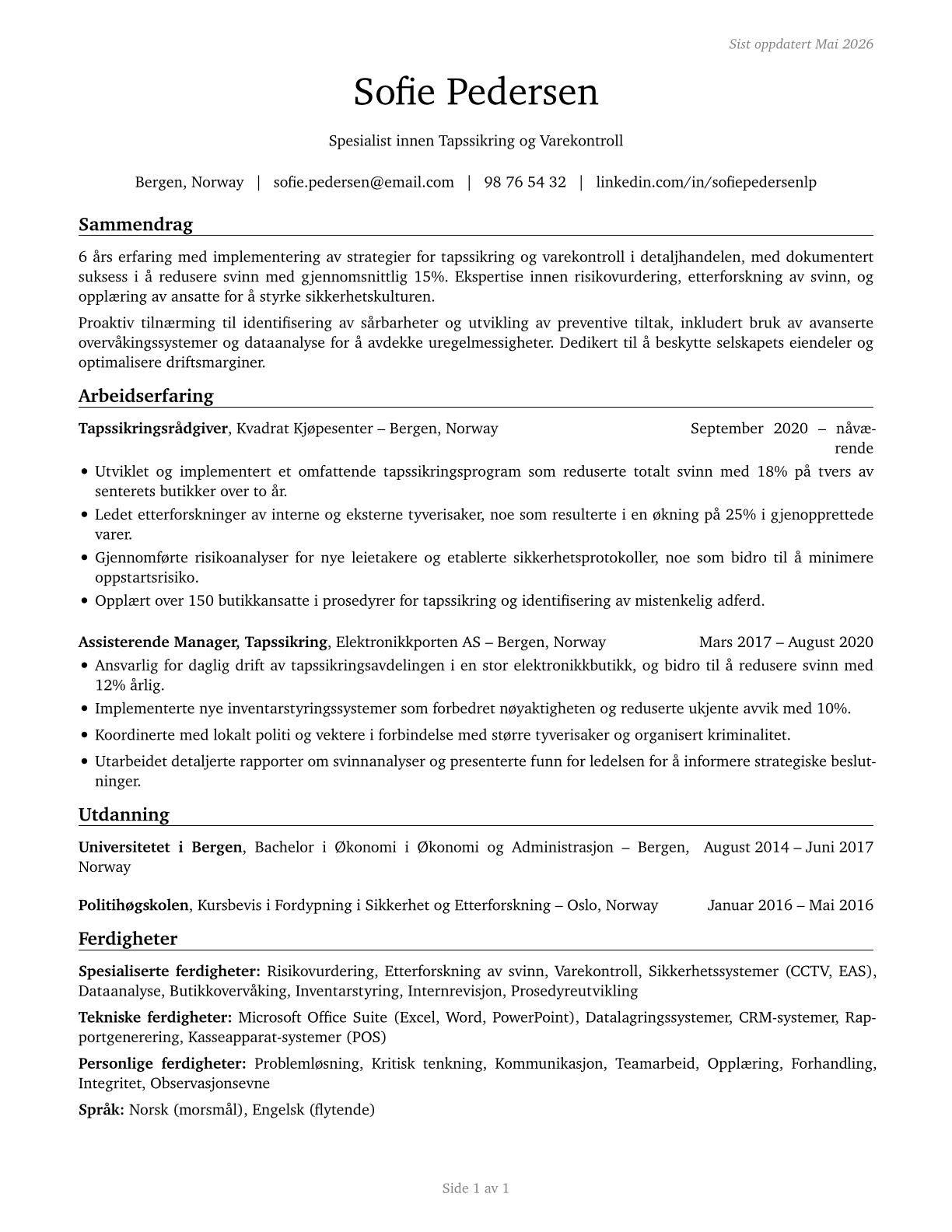 Retail Loss Prevention Specialists CV in Norwegian_bokmal — page 1