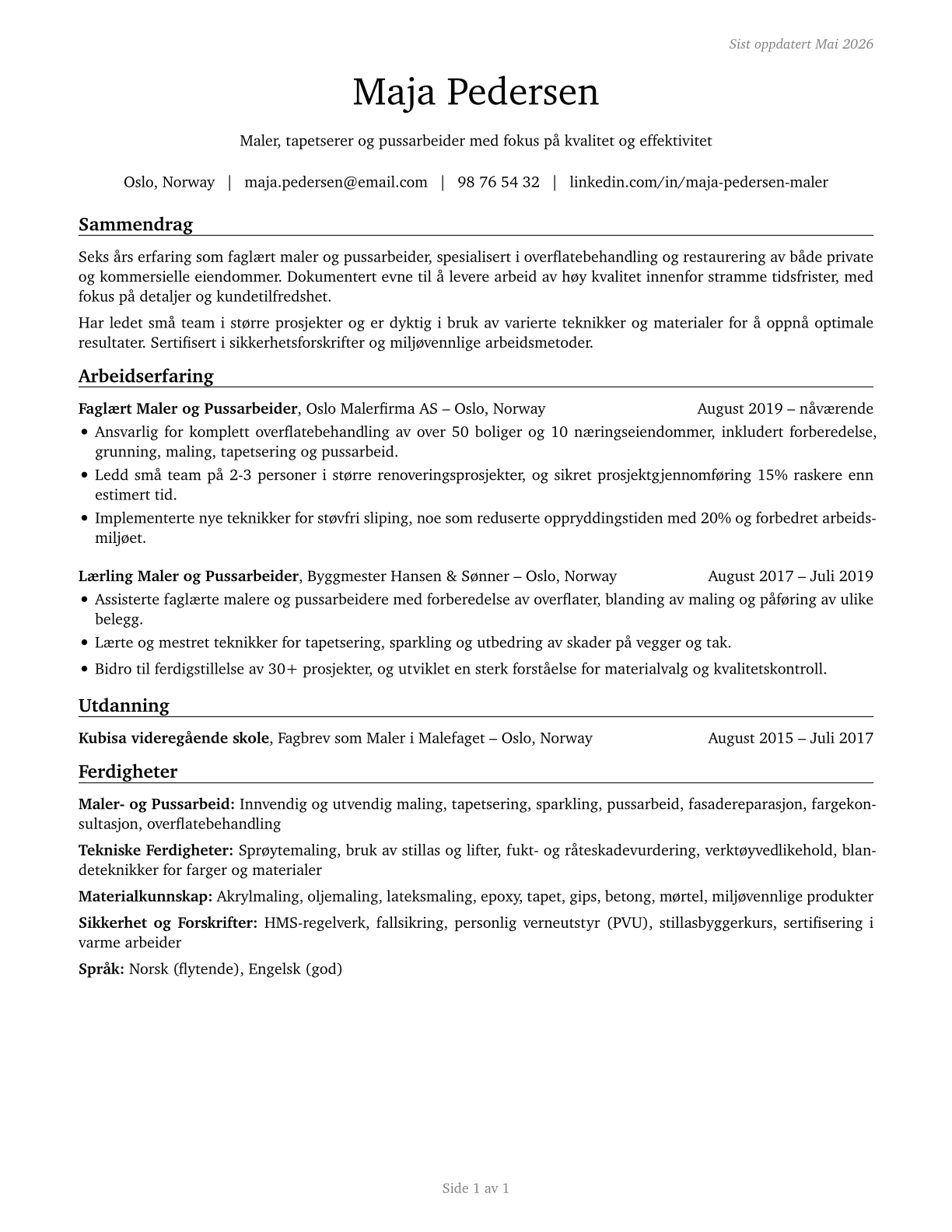 Helpers--Painters, Paperhangers, Plasterers, and Stucco Masons CV in Norwegian_bokmal — page 1