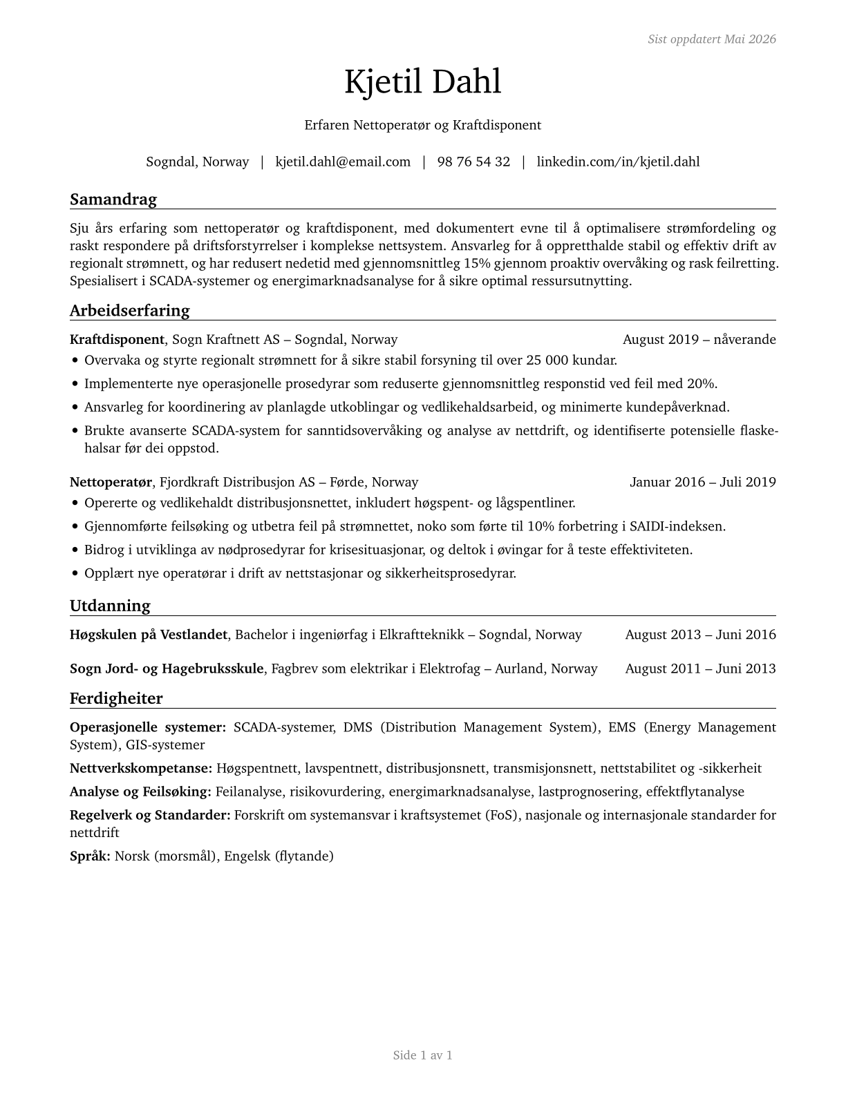 Power Distributors and Dispatchers CV in Norwegian_nynorsk — page 1