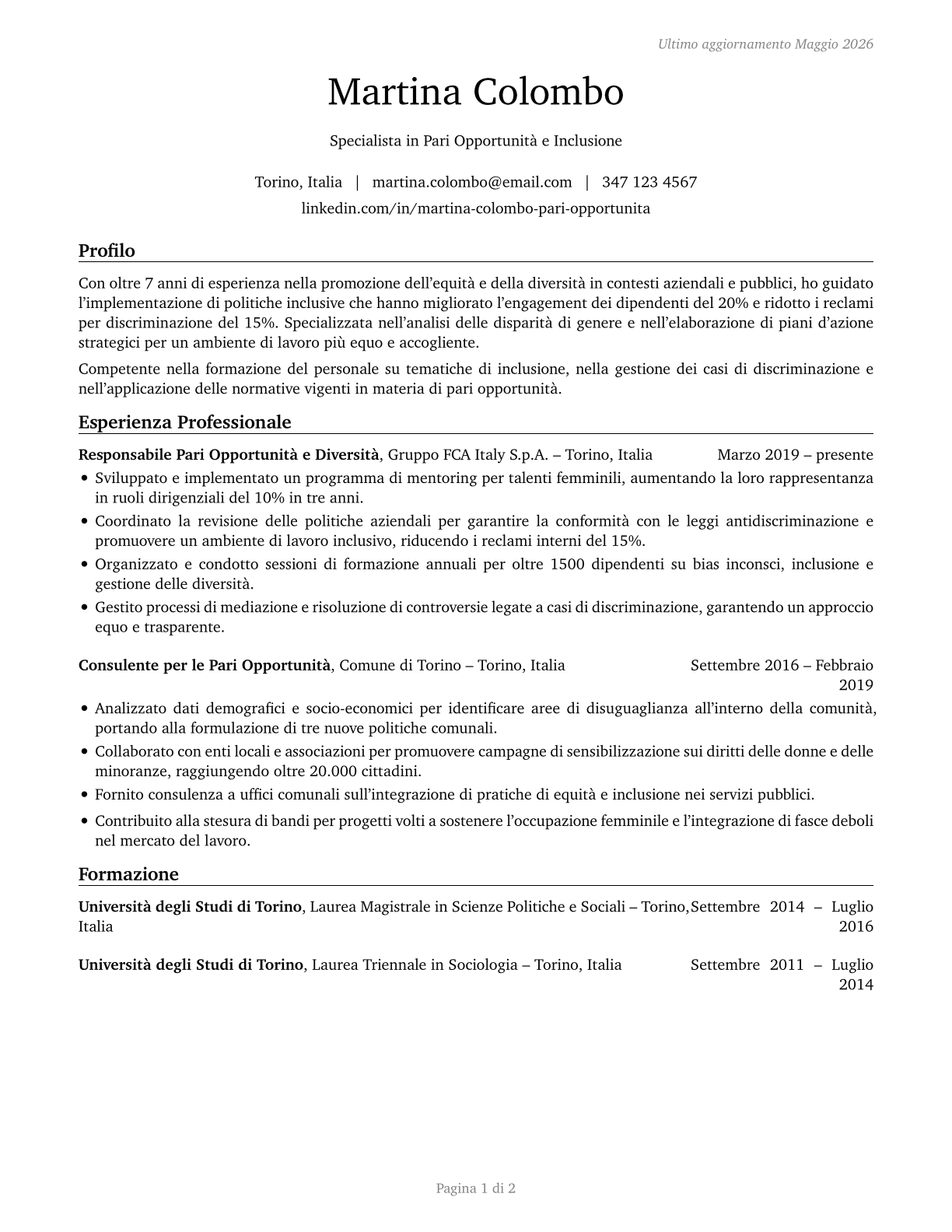 Equal Opportunity Representatives and Officers CV in Italian — page 1