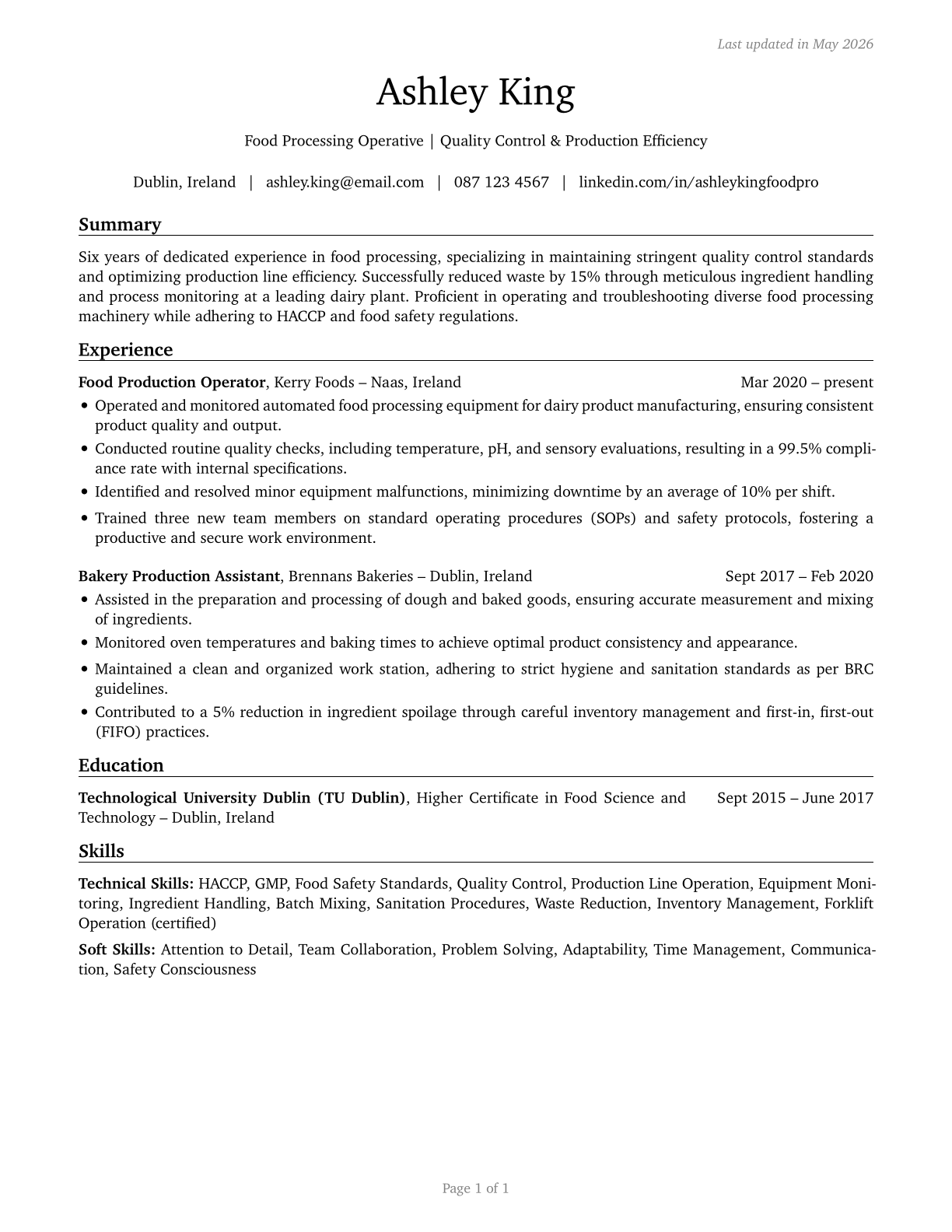 Food Processing Workers, All Other CV in English — page 1