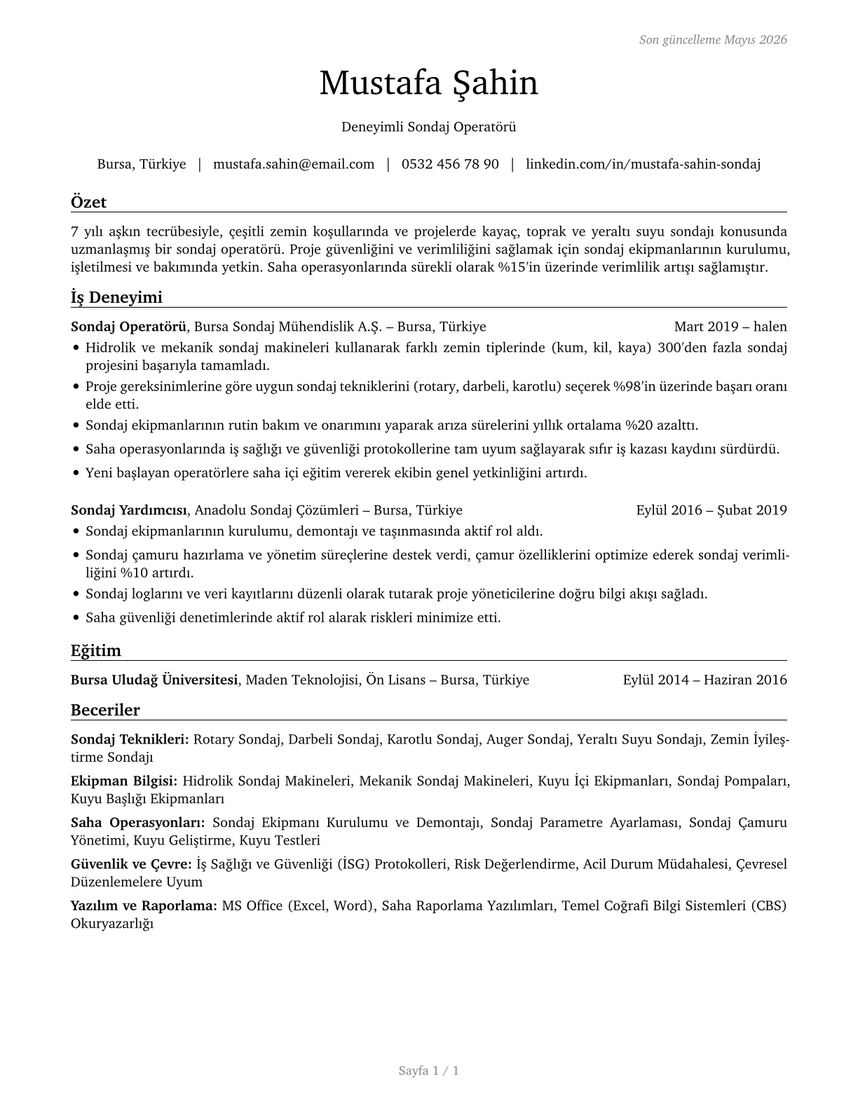 Earth Drillers, Except Oil and Gas CV in Turkish — page 1