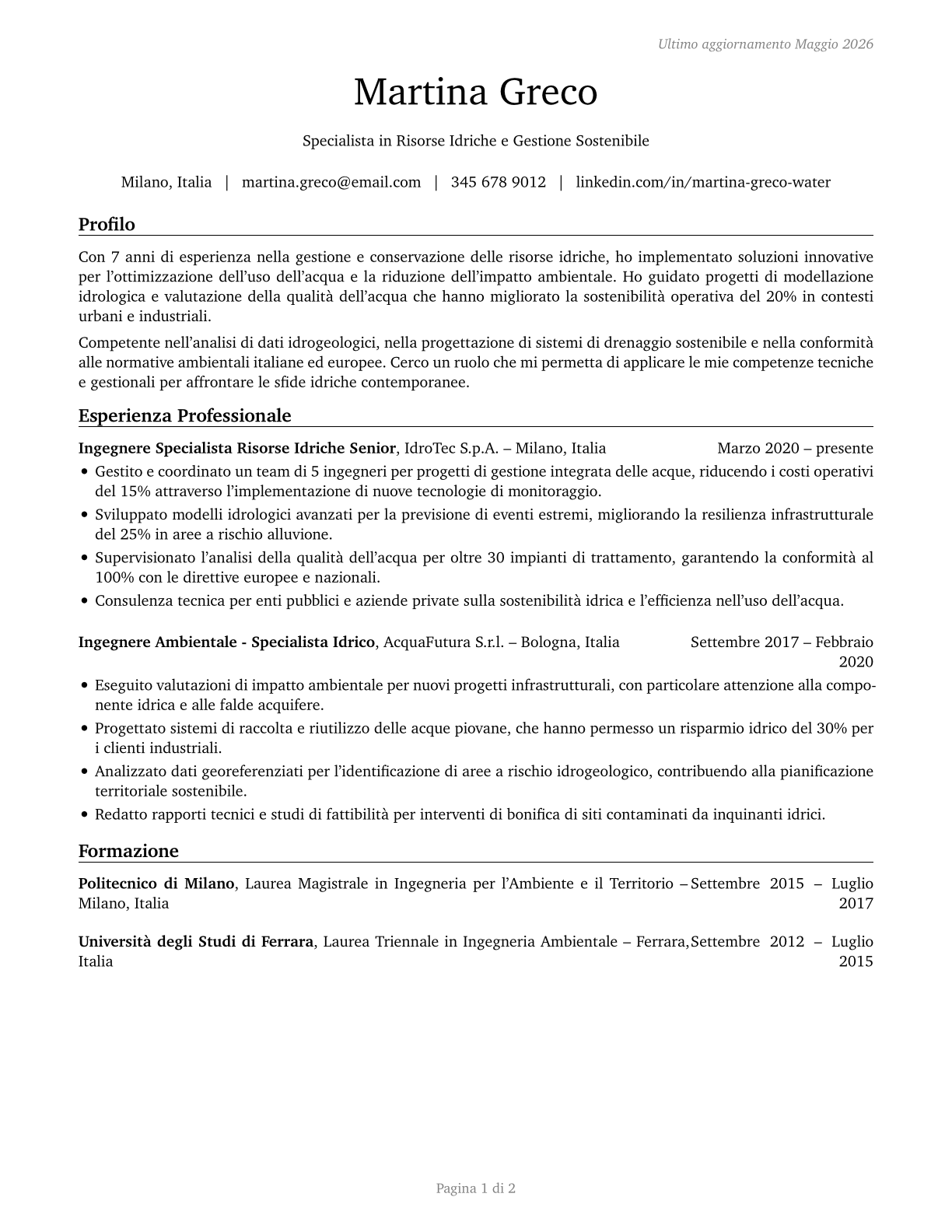 Water Resource Specialists CV in Italian — page 1