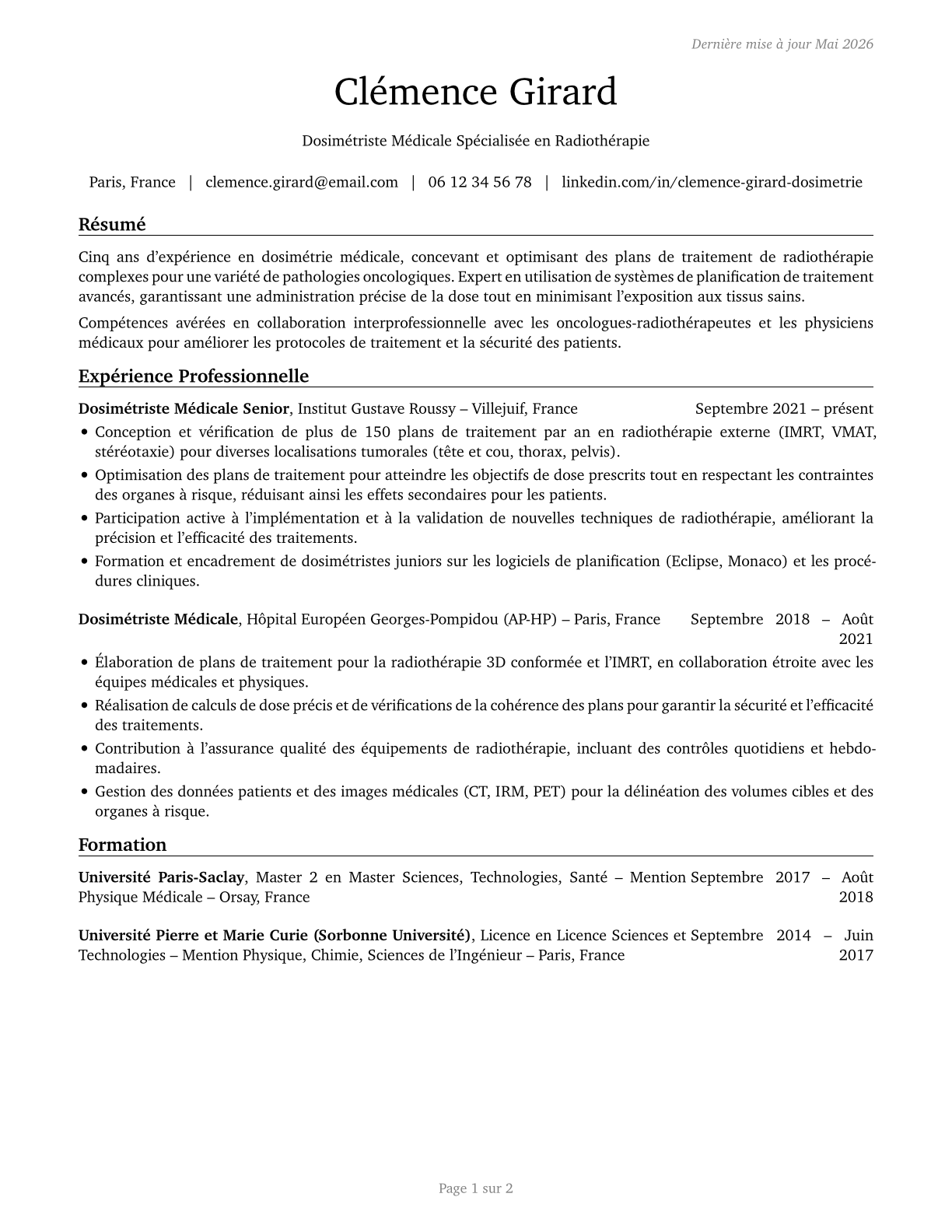 Medical Dosimetrists CV in French — page 1