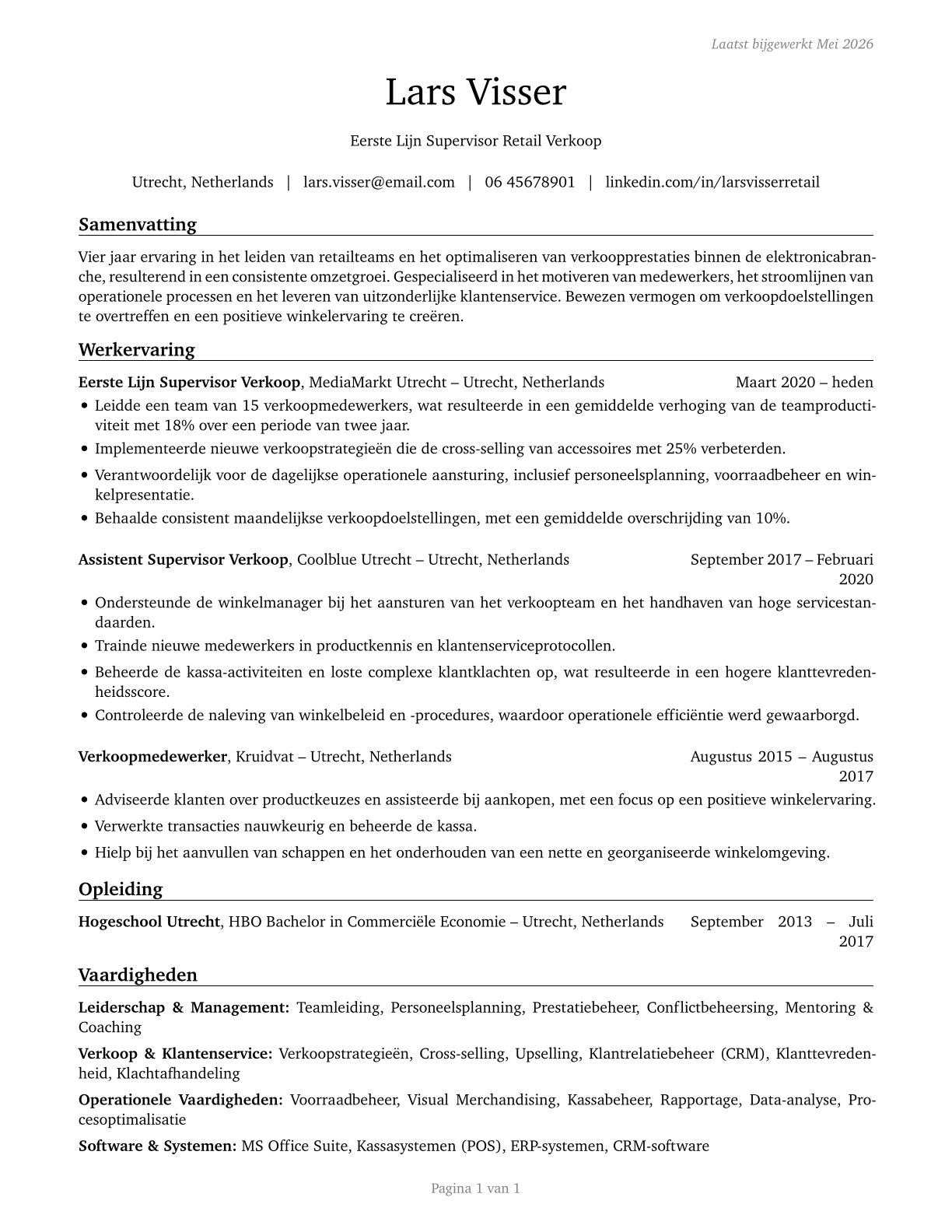 First-Line Supervisors of Retail Sales Workers CV in Dutch — page 1