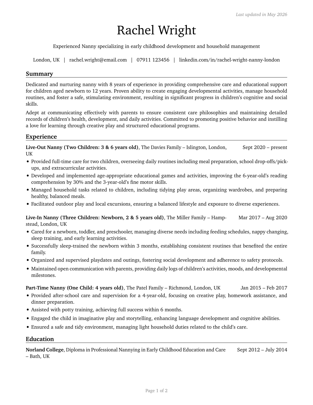 Nannies CV in English — page 1