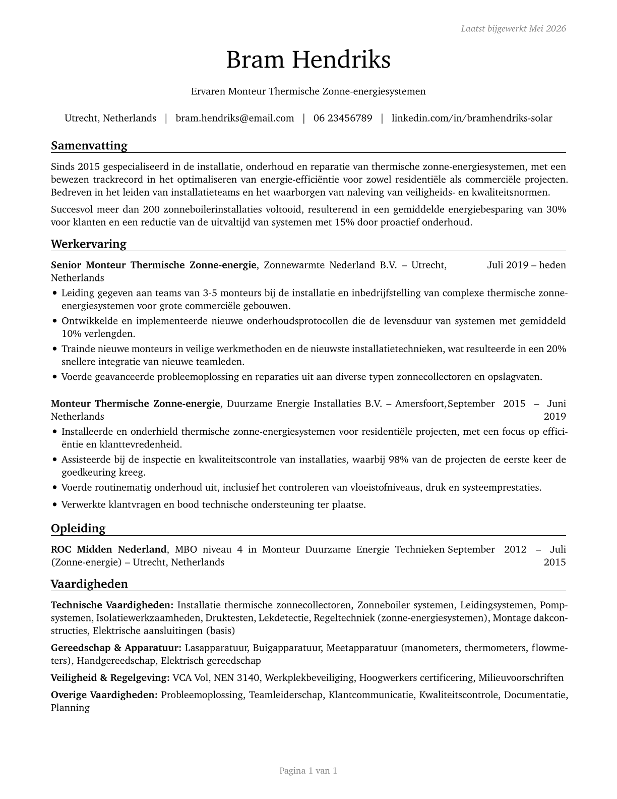 Solar Thermal Installers and Technicians CV in Dutch — page 1