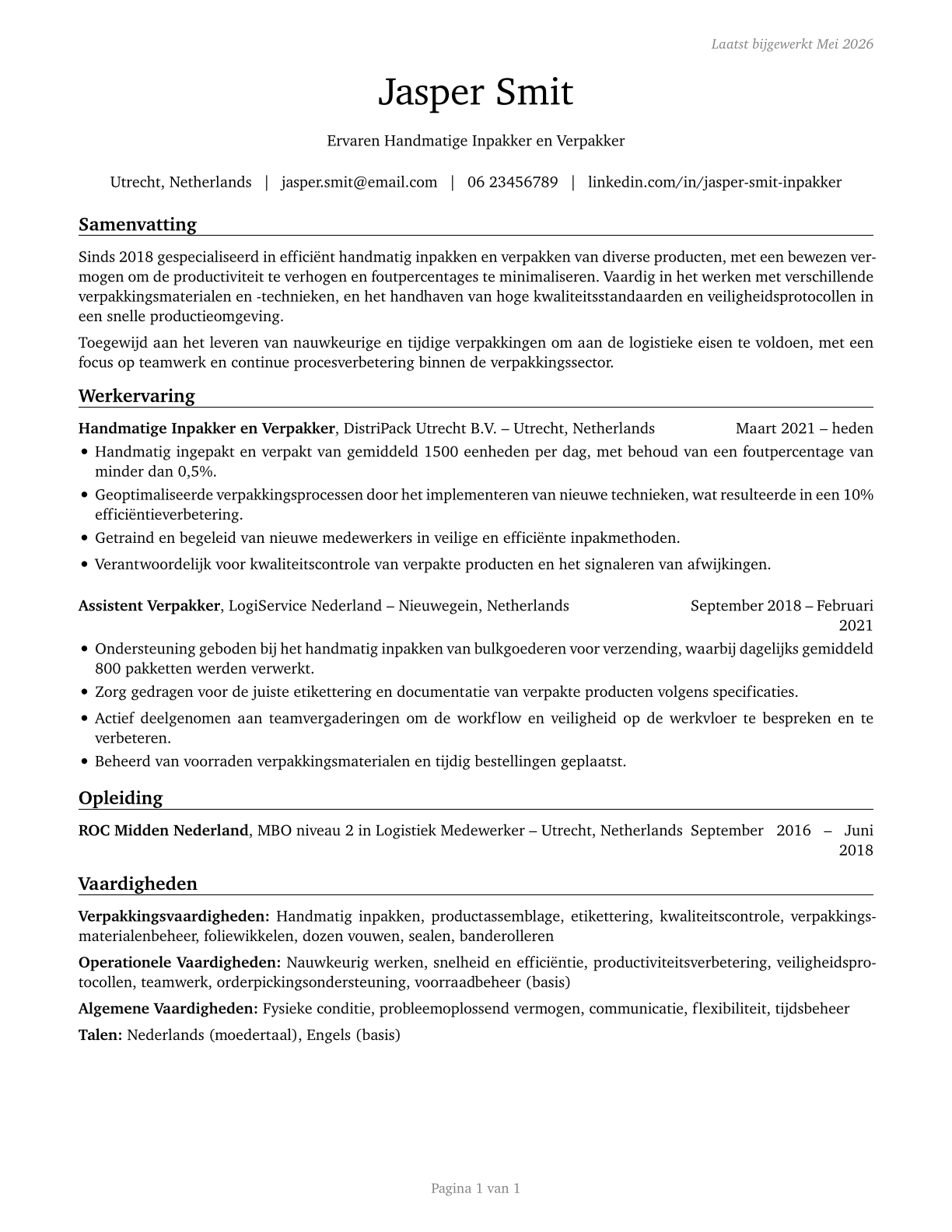 Packers and Packagers, Hand CV in Dutch — page 1