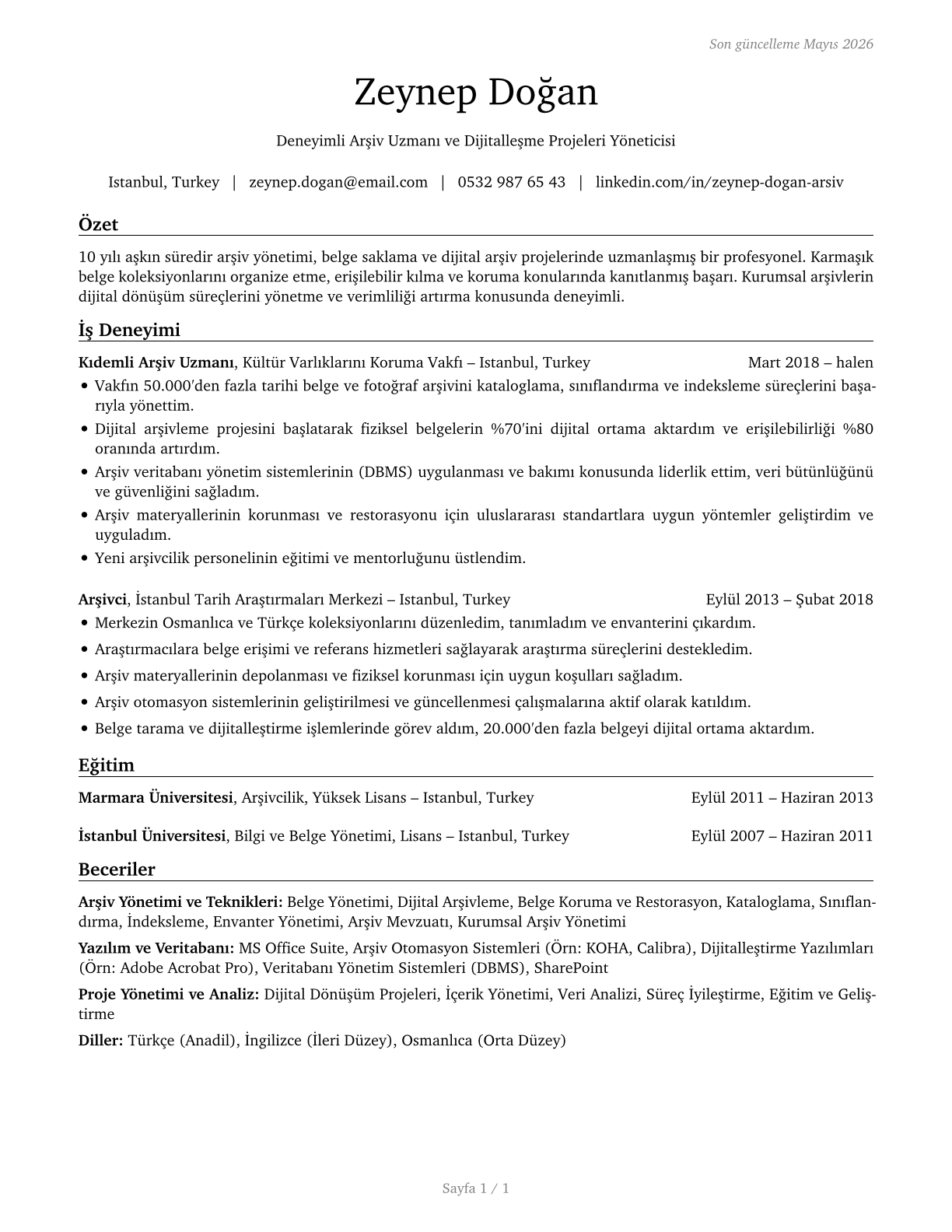 Archivists CV in Turkish — page 1