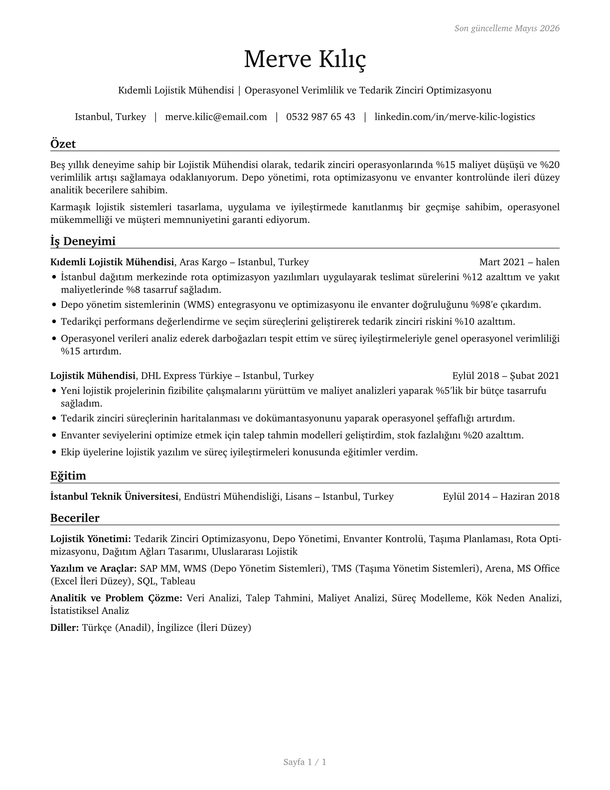 Logistics Engineers CV in Turkish — page 1