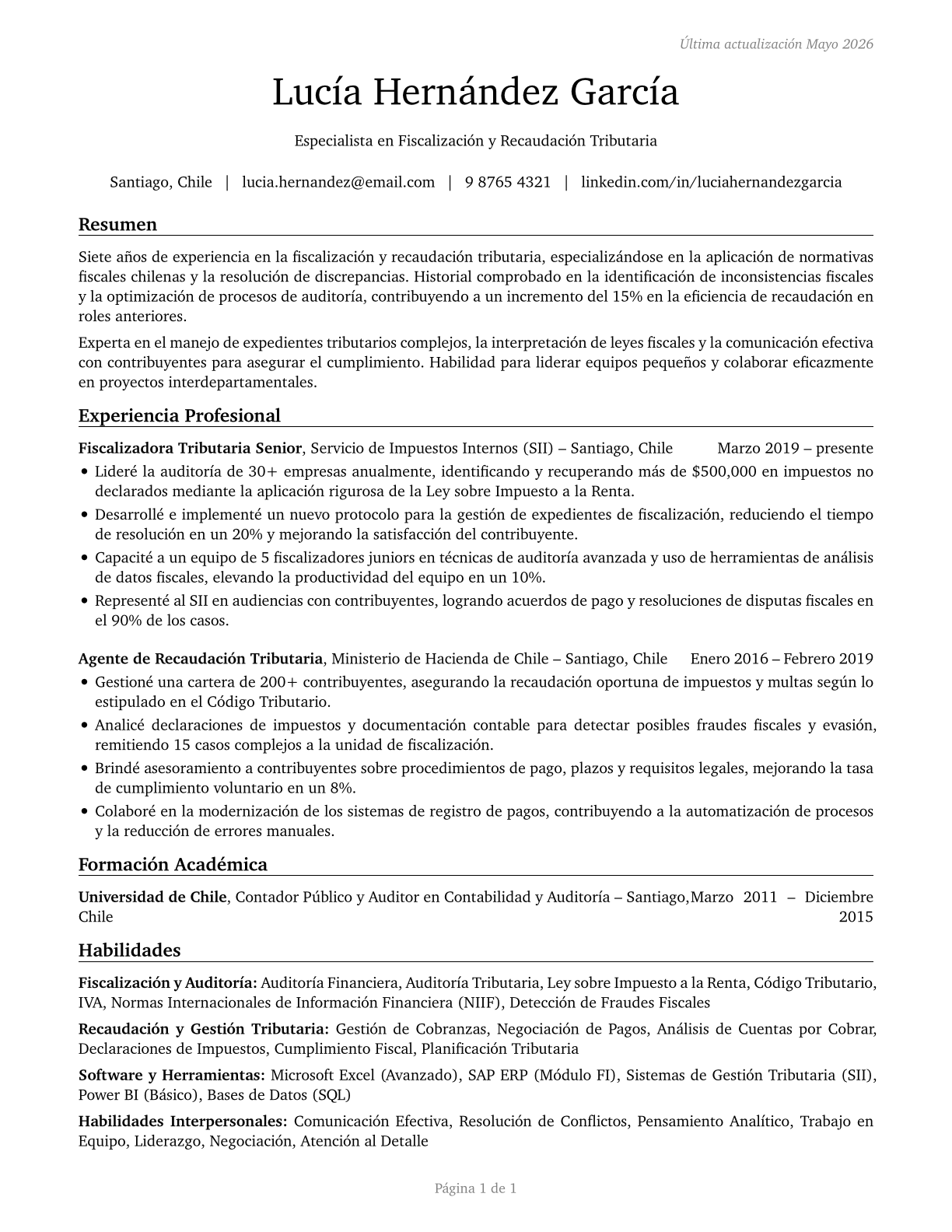 Tax Examiners and Collectors, and Revenue Agents CV in Spanish — page 1