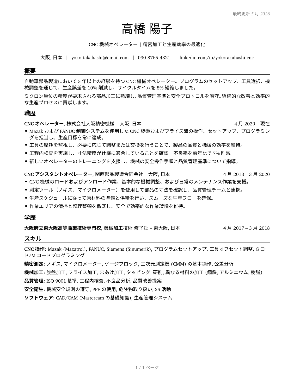 Computer Numerically Controlled Tool Operators CV in Japanese — page 1
