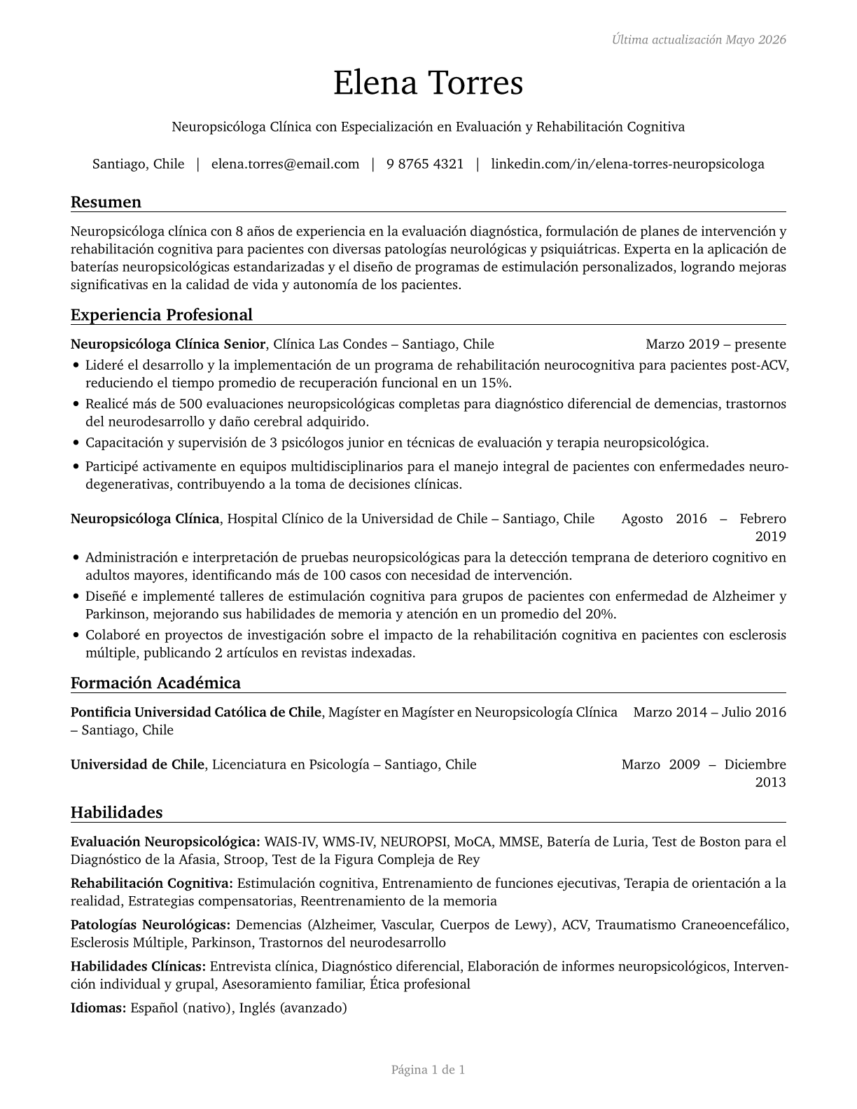 Clinical Neuropsychologists CV in Spanish — page 1