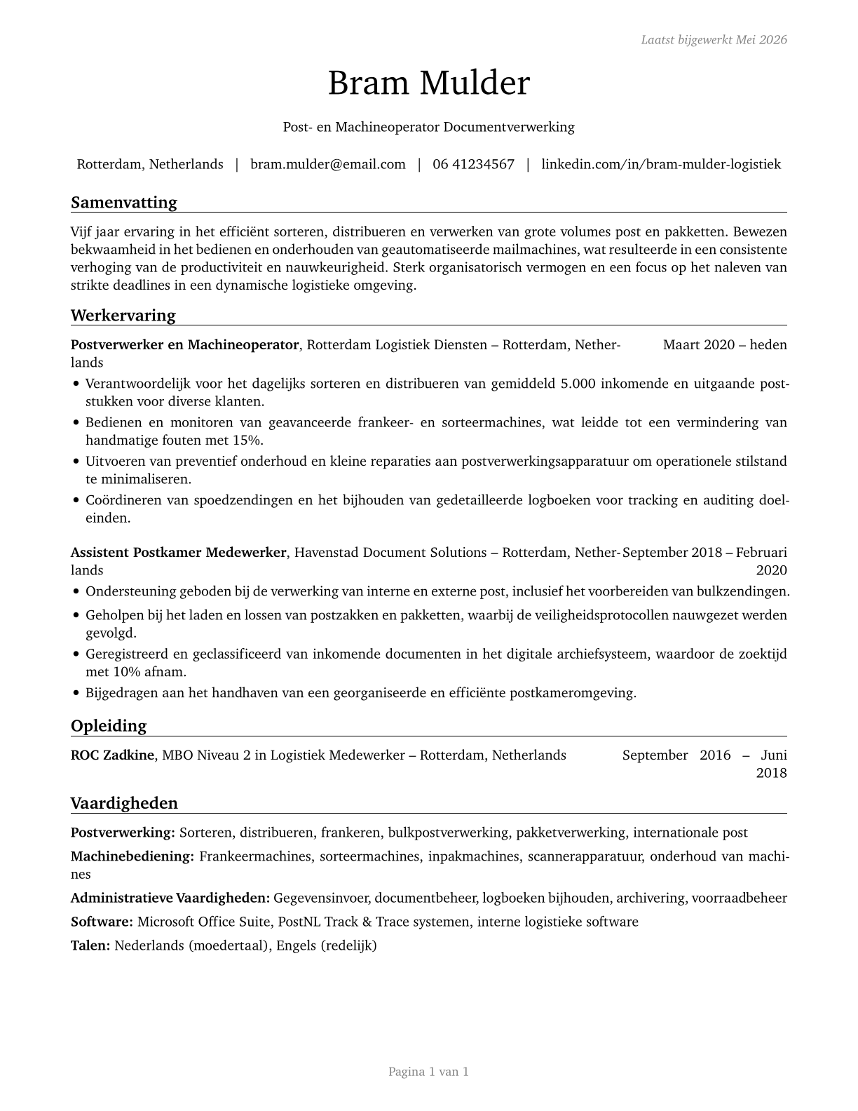 Mail Clerks and Mail Machine Operators, Except Postal Service CV in Dutch — page 1