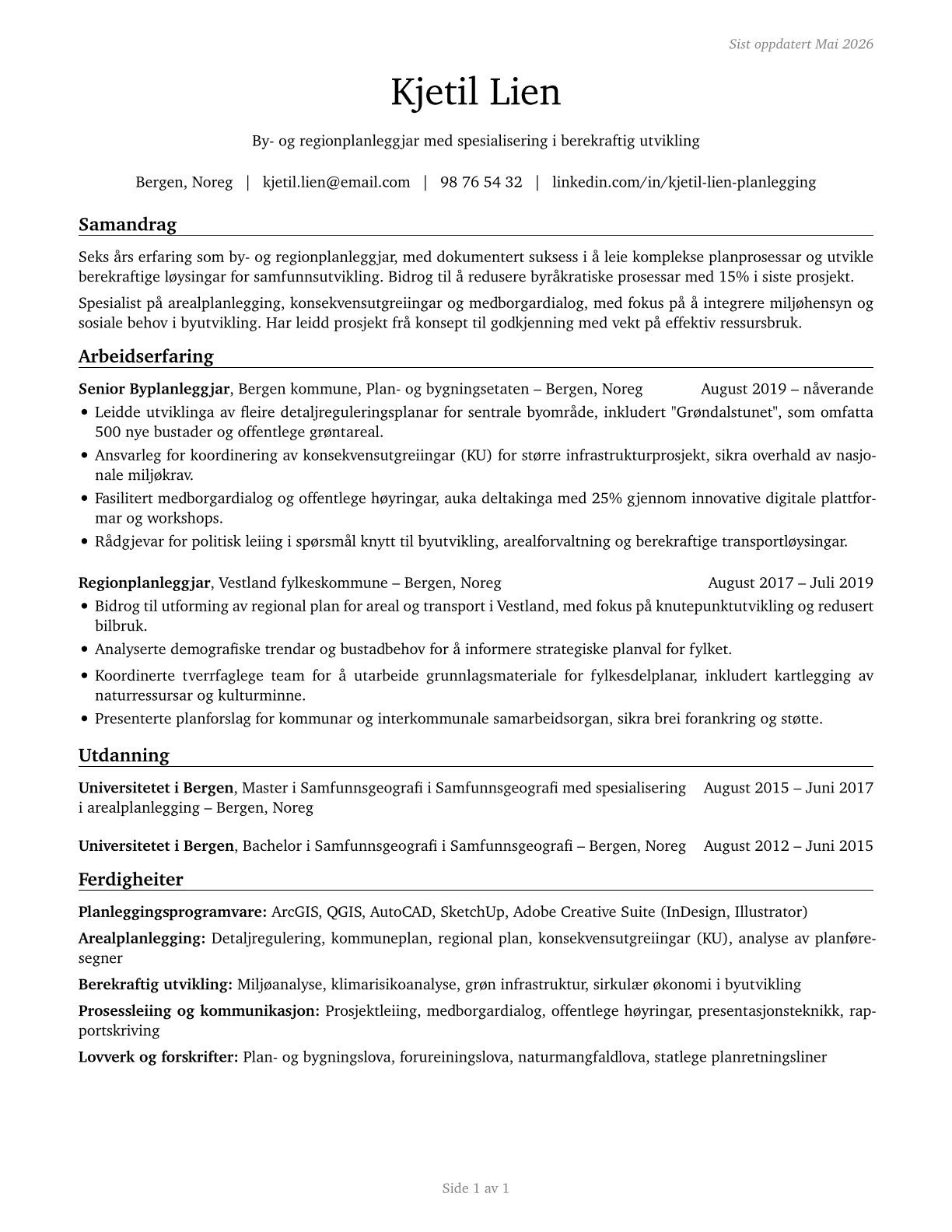 Urban and Regional Planners CV in Norwegian_nynorsk — page 1
