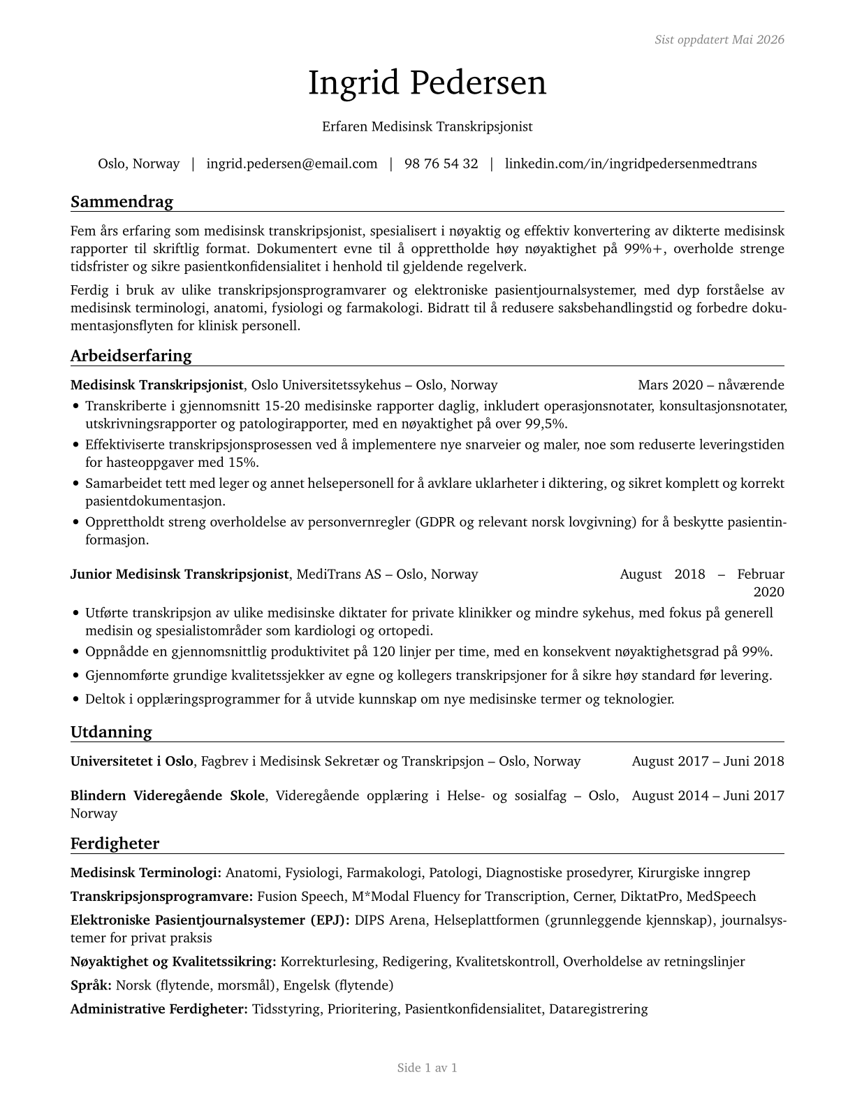 Medical Transcriptionists CV in Norwegian_bokmal — page 1
