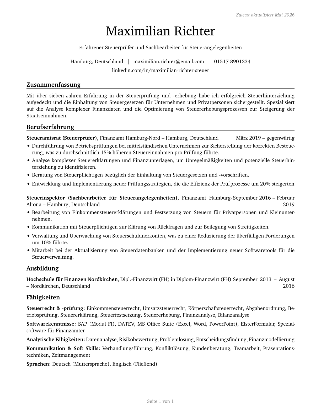 Tax Examiners and Collectors, and Revenue Agents CV in German — page 1