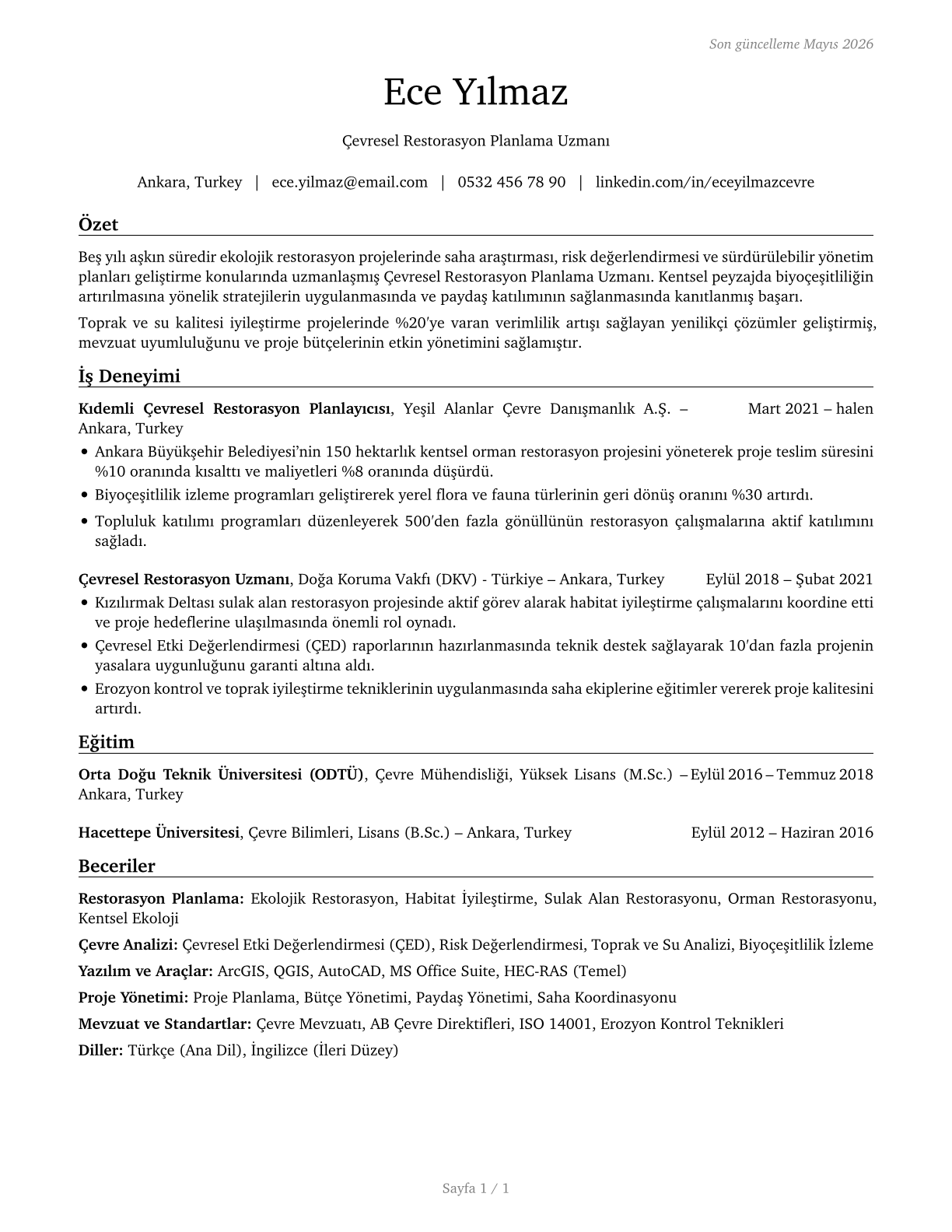 Environmental Restoration Planners CV in Turkish — page 1