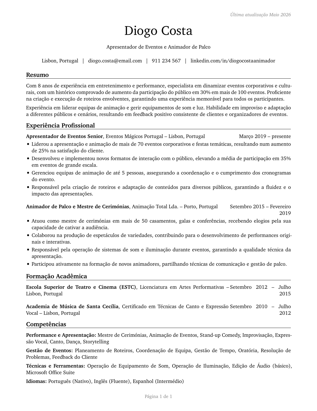 Entertainers and Performers, Sports and Related Workers, All Other CV in Portuguese — page 1