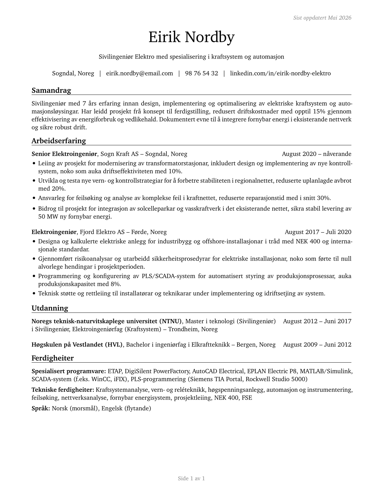 Electrical Engineers CV in Norwegian_nynorsk — page 1