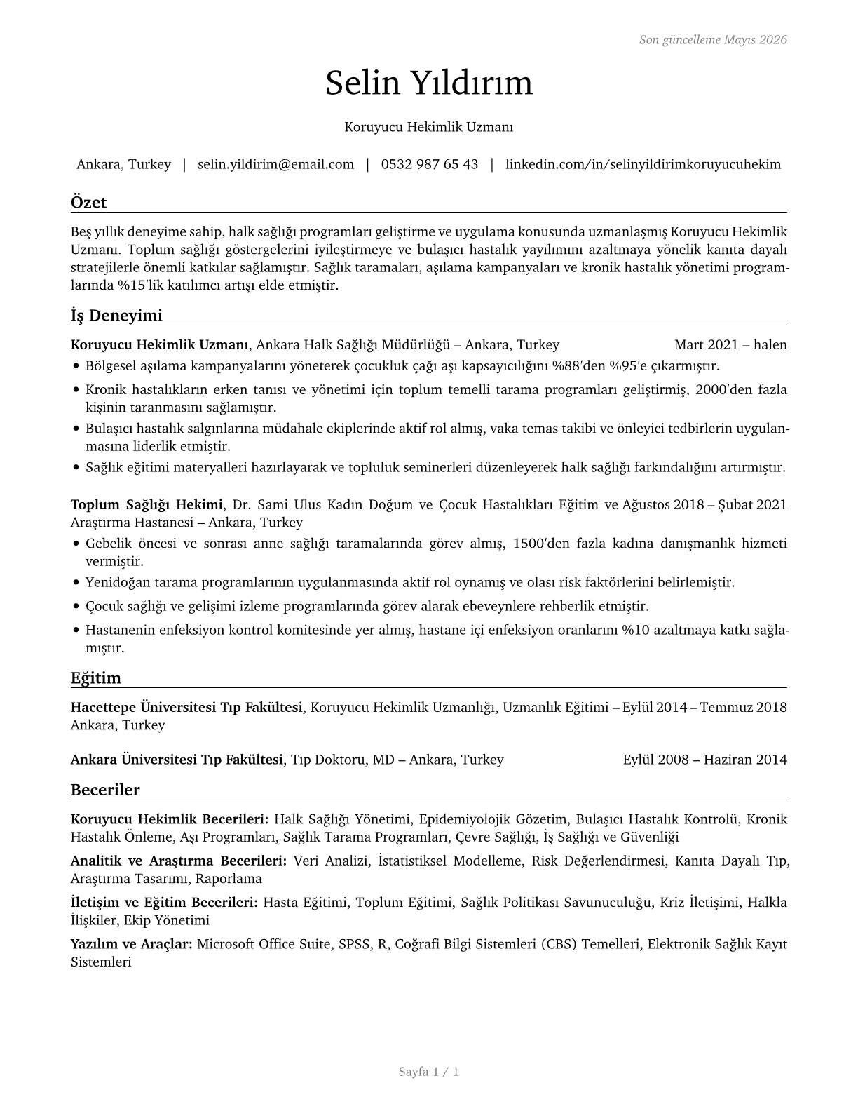 Preventive Medicine Physicians CV in Turkish — page 1
