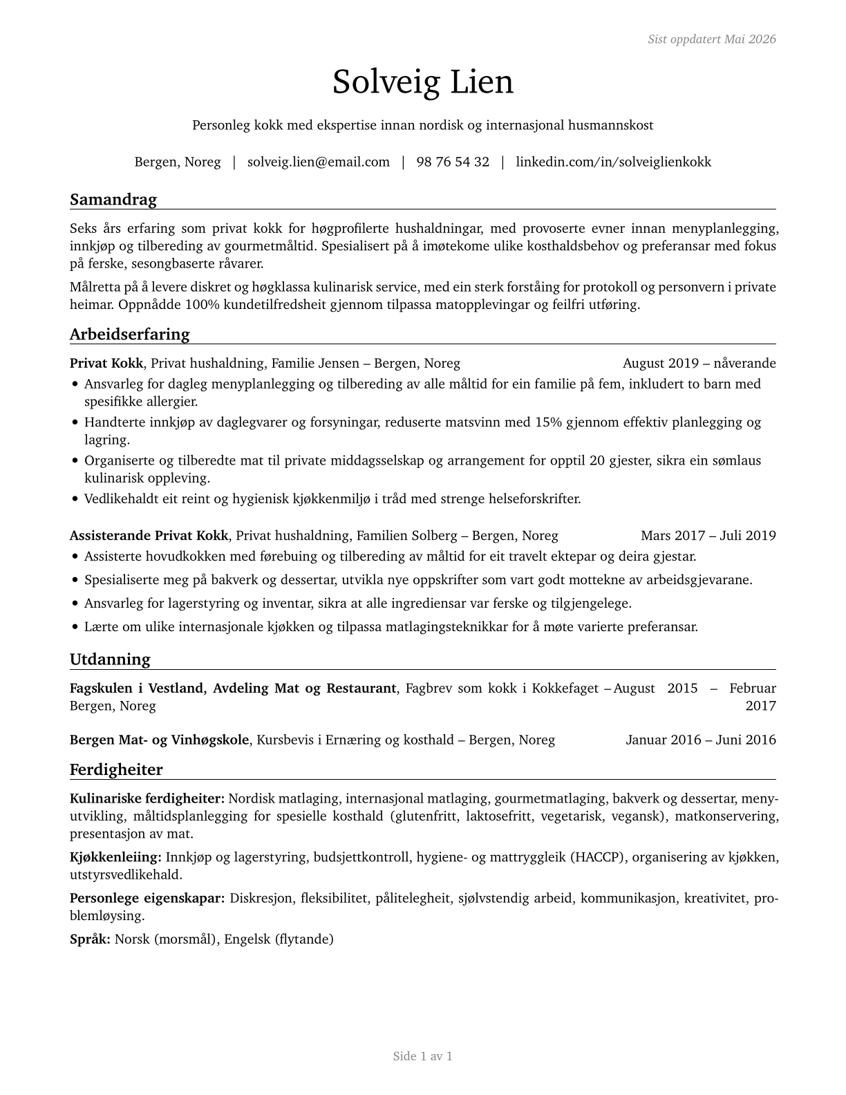 Cooks, Private Household CV in Norwegian_nynorsk — page 1