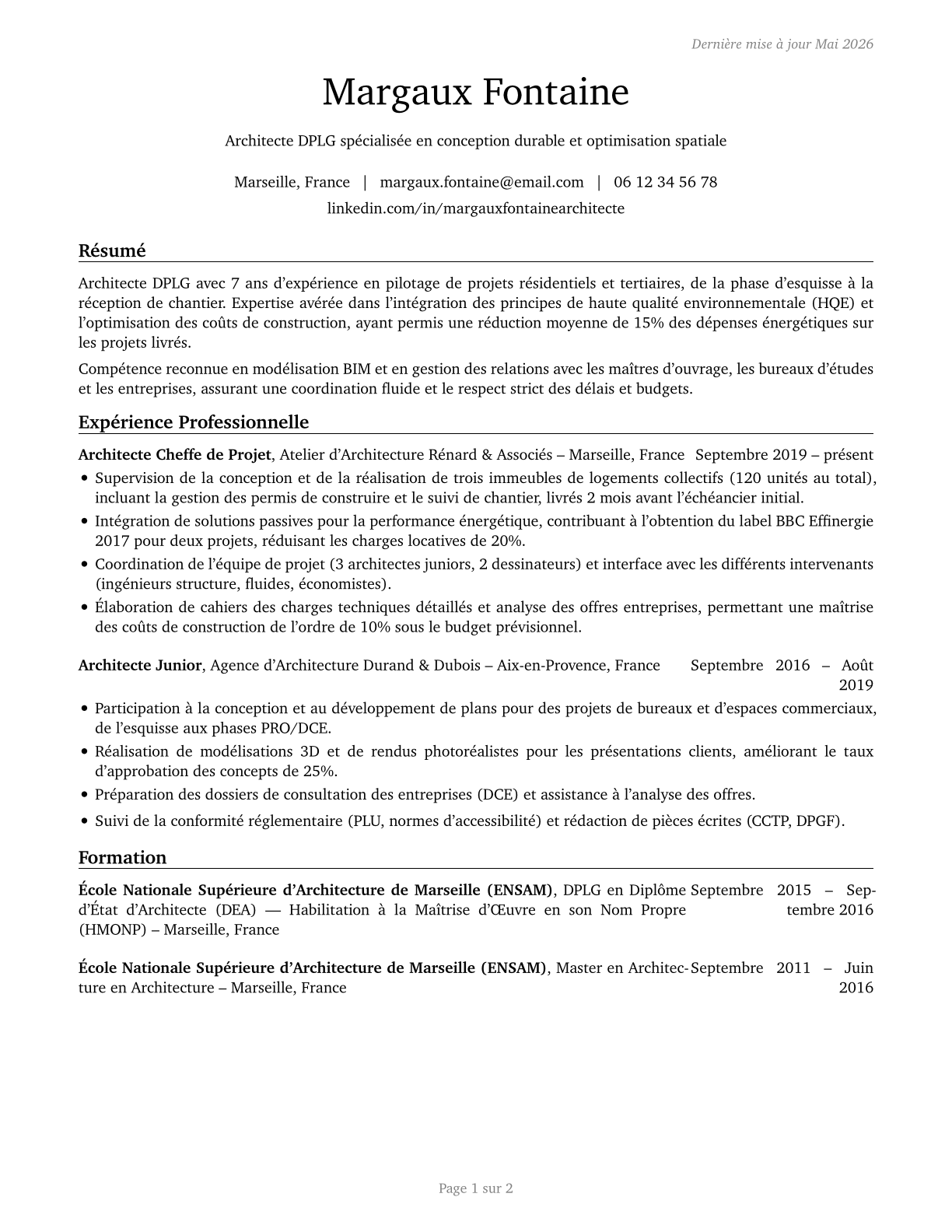 Architects, Except Landscape and Naval CV in French — page 1