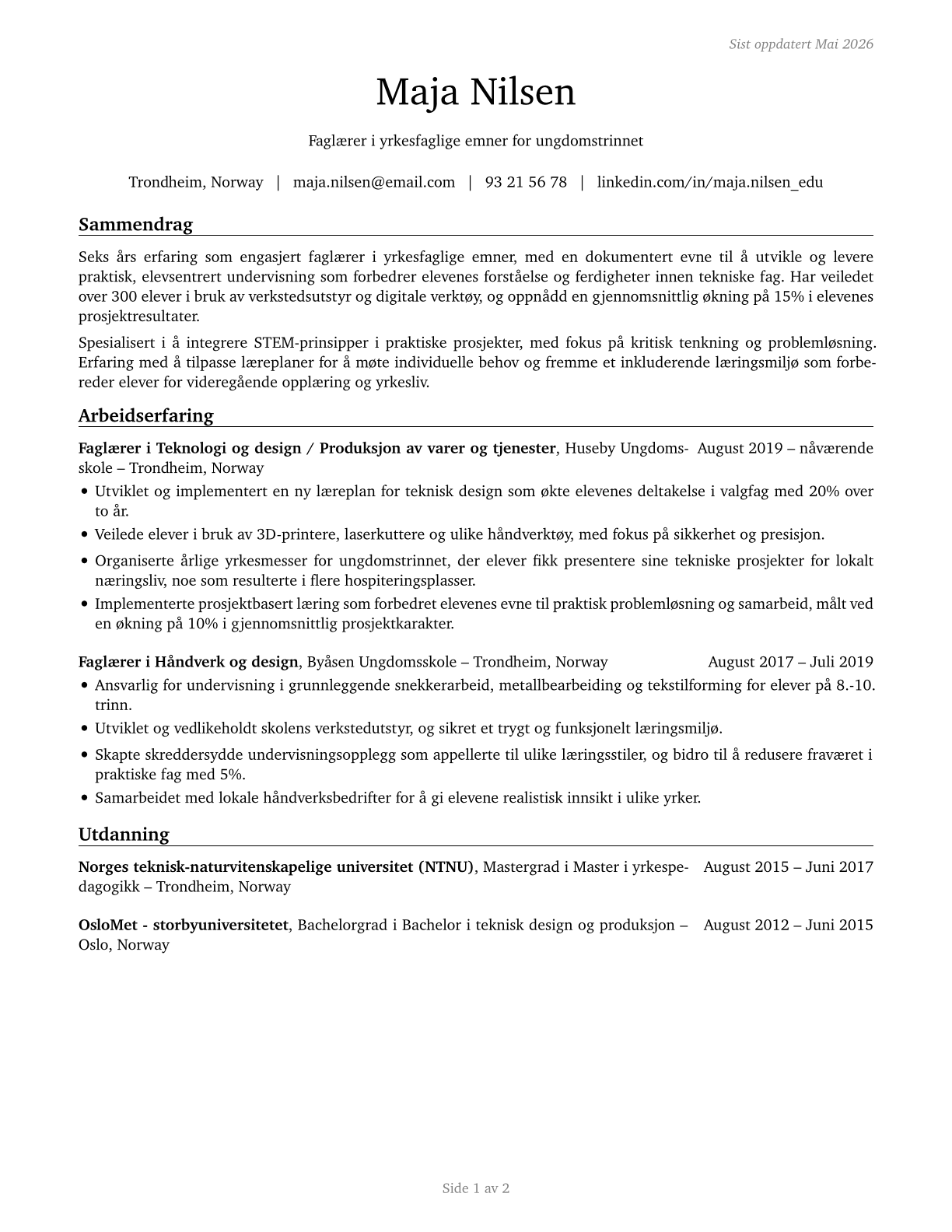 Career/Technical Education Teachers, Middle School CV in Norwegian_bokmal — page 1