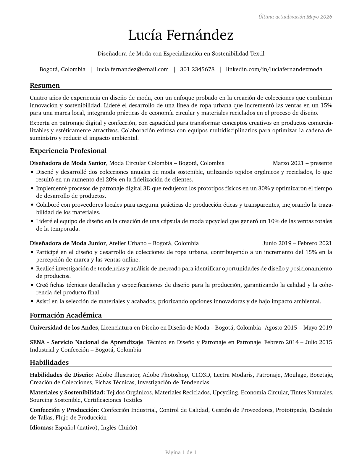 Fashion Designers CV in Spanish — page 1