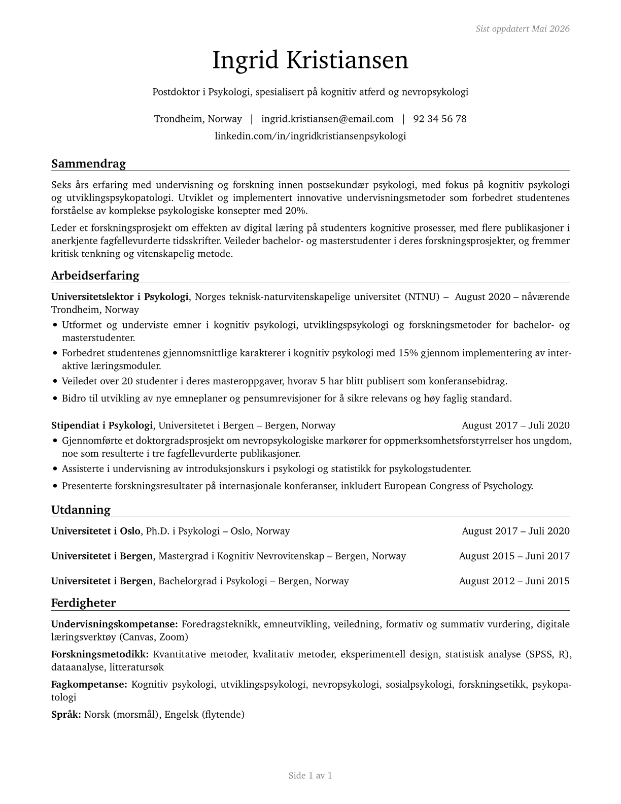 Psychology Teachers, Postsecondary CV in Norwegian_bokmal — page 1