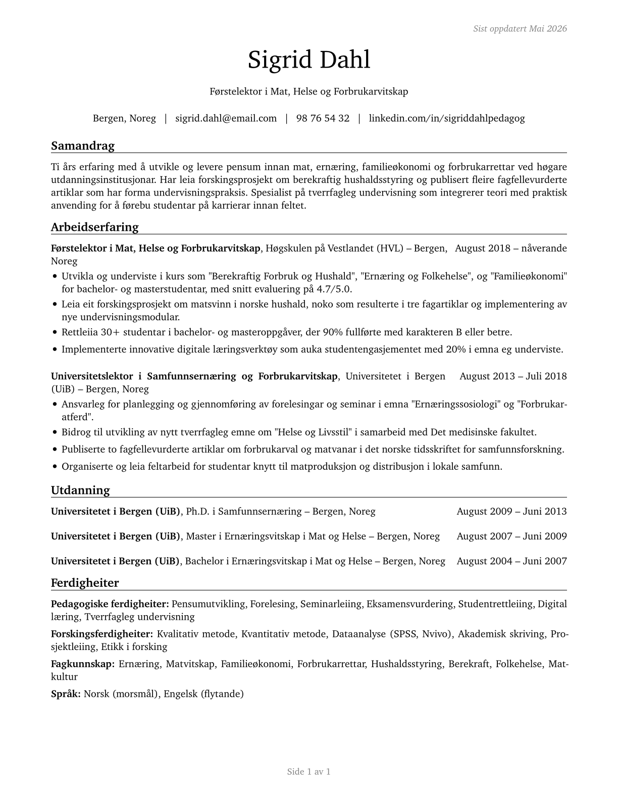 Family and Consumer Sciences Teachers, Postsecondary CV in Norwegian_nynorsk — page 1