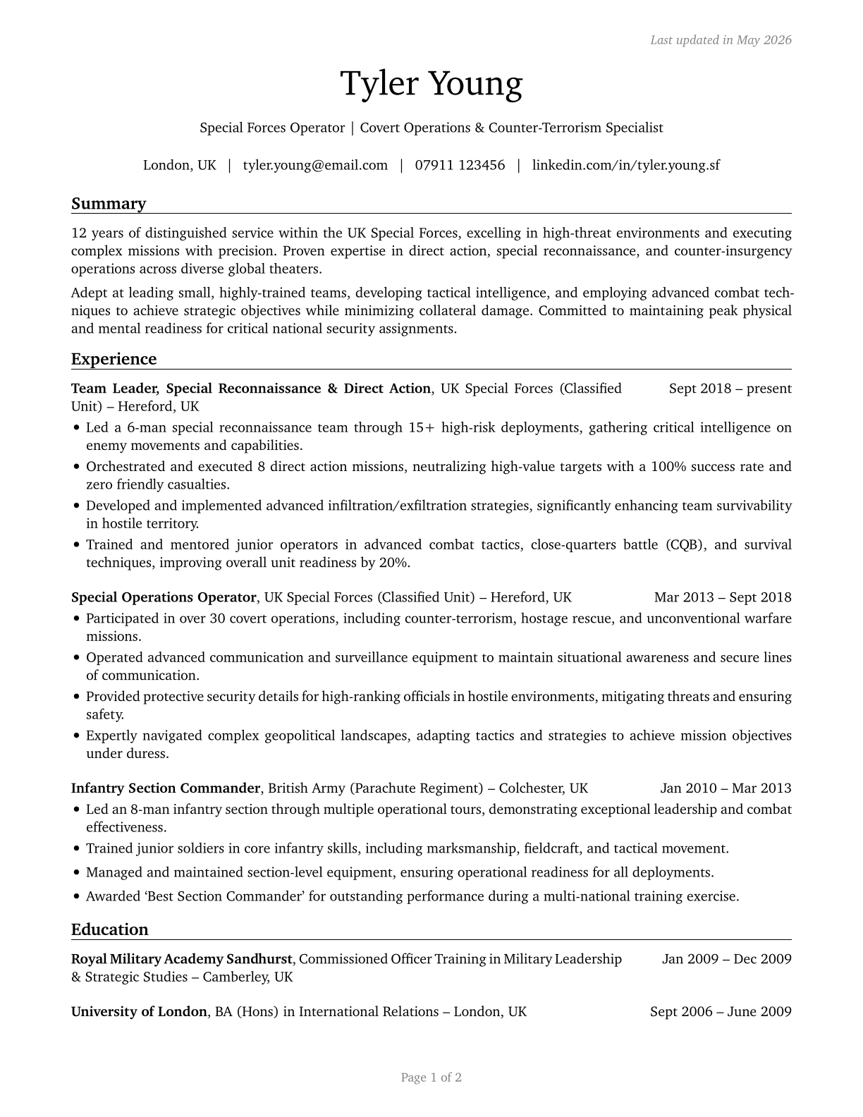 Special Forces CV in English — page 1