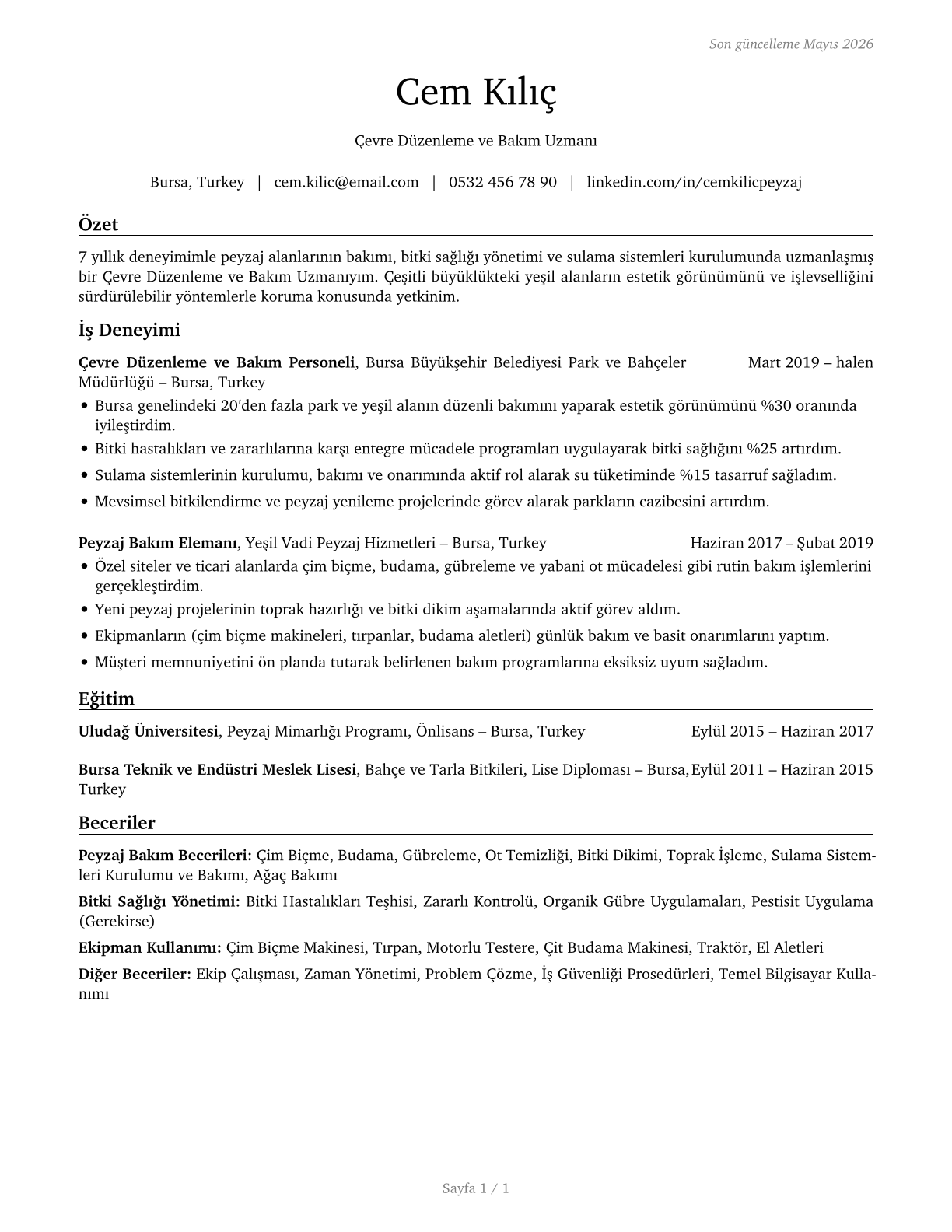 Grounds Maintenance Workers, All Other CV in Turkish — page 1