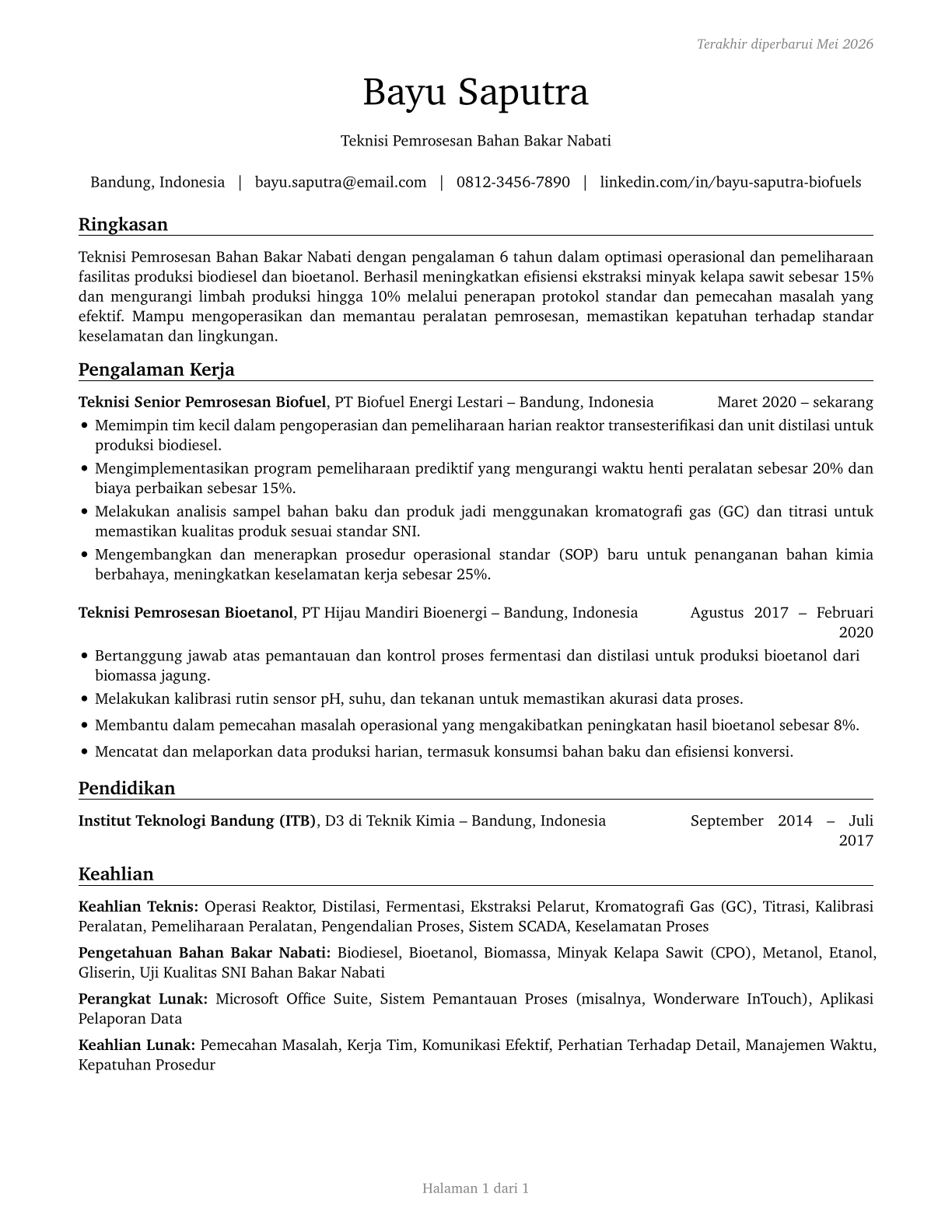 Biofuels Processing Technicians CV in Indonesian — page 1