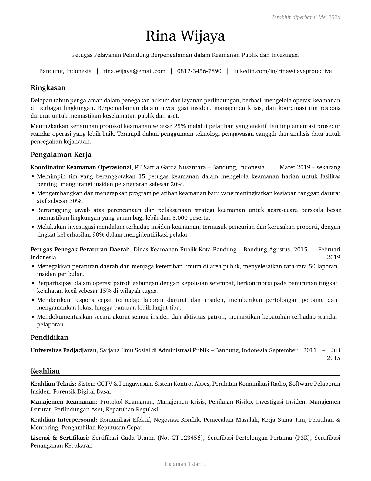 Protective Service Workers, All Other CV in Indonesian — page 1