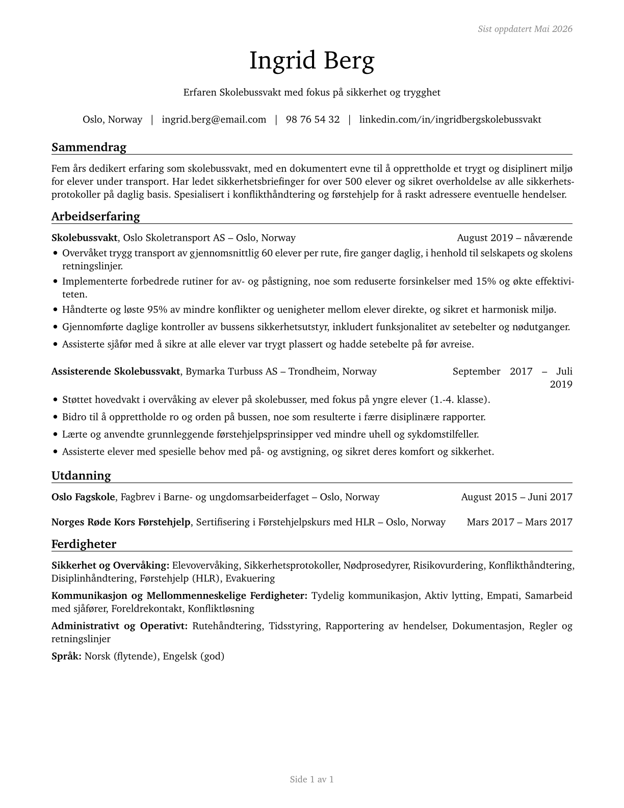School Bus Monitors CV in Norwegian_bokmal — page 1