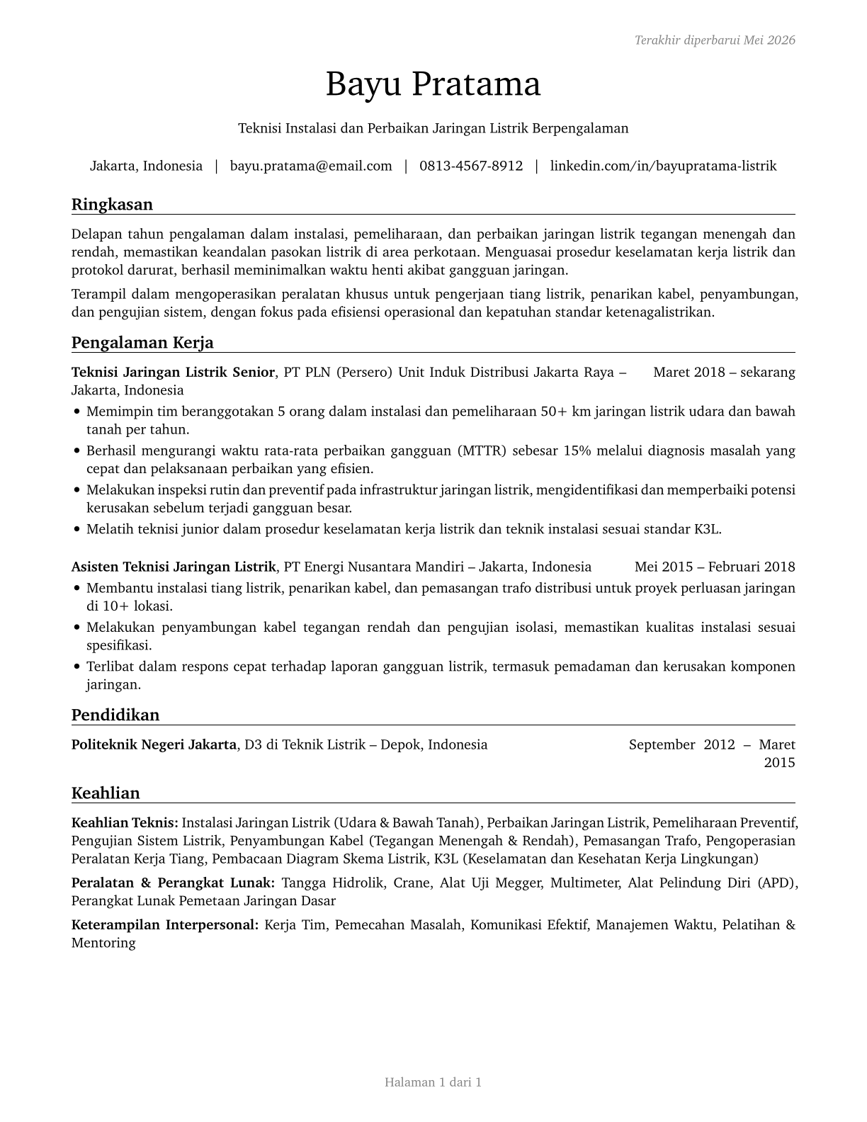 Electrical Power-Line Installers and Repairers CV in Indonesian — page 1