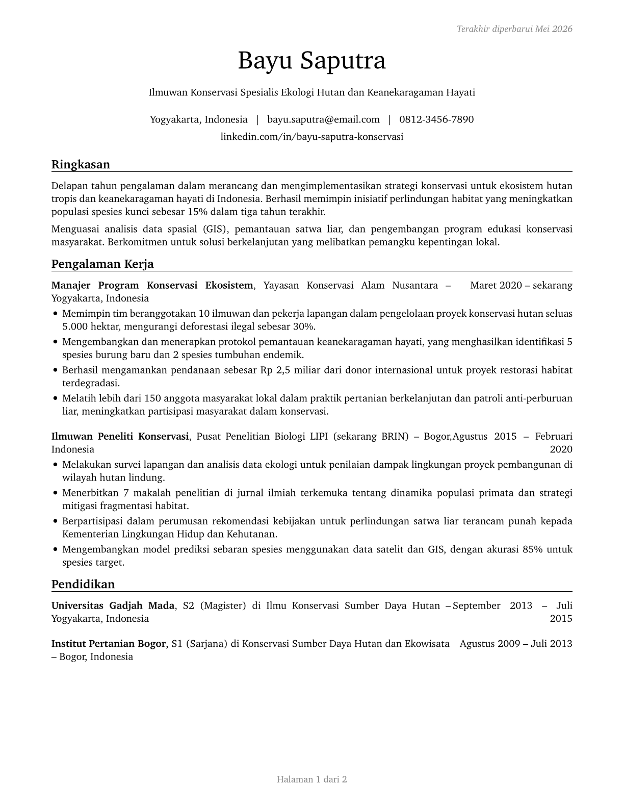 Conservation Scientists CV in Indonesian — page 1
