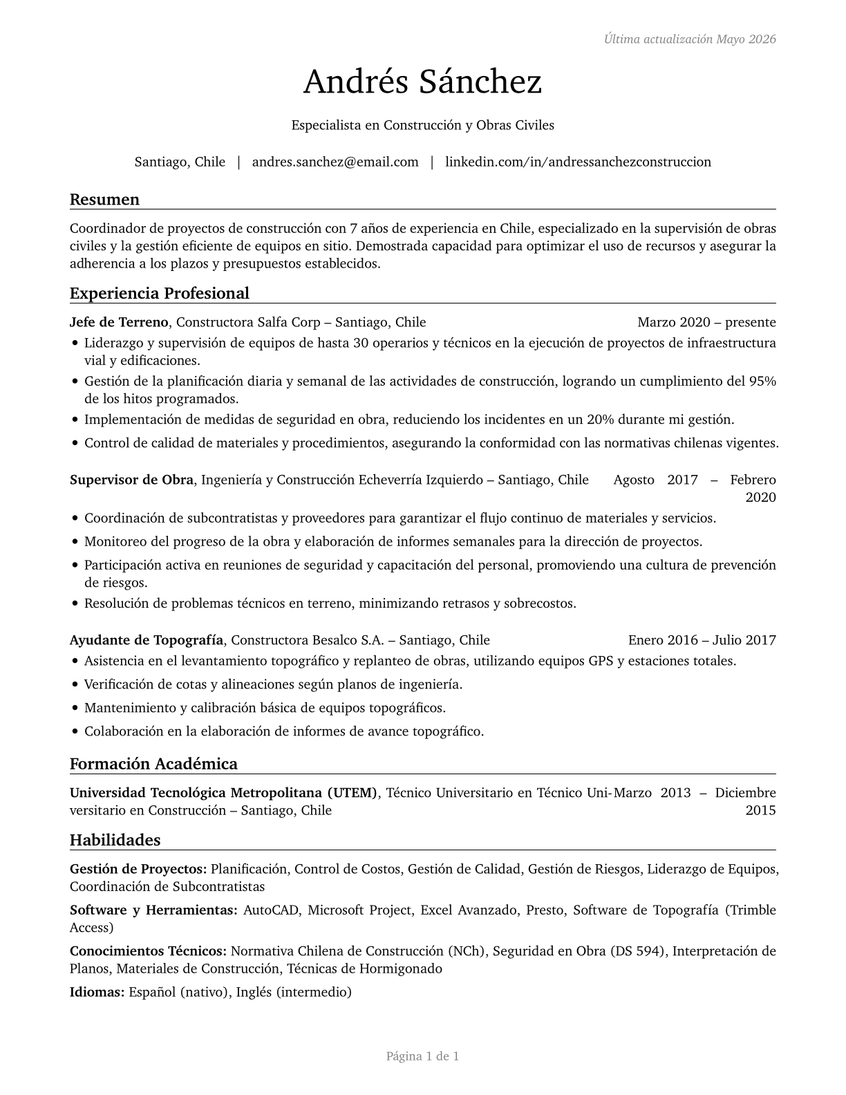 Construction and Related Workers, All Other CV in Spanish — page 1
